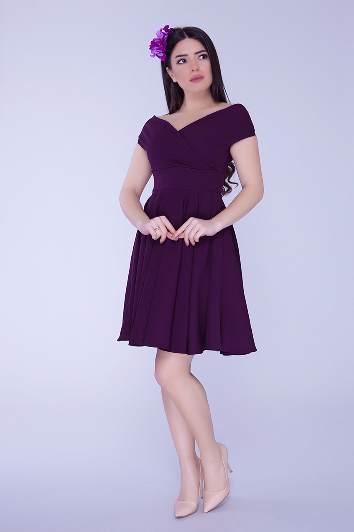 Mini Flared Flowy Pleated Woven Boat Neck Evening Dress - Damson - Bidoluelbise