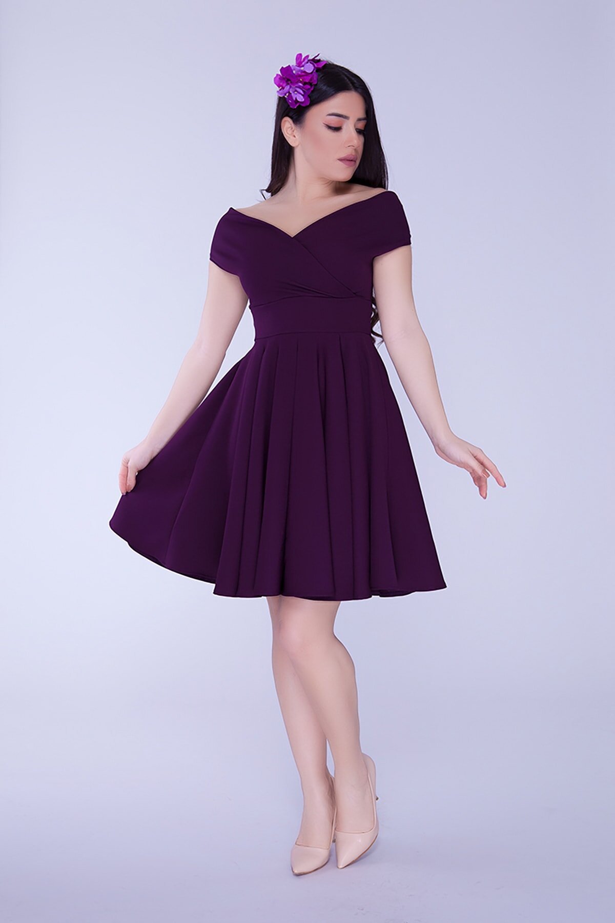 Mini Flared Flowy Pleated Woven Boat Neck Evening Dress - Damson - Bidoluelbise