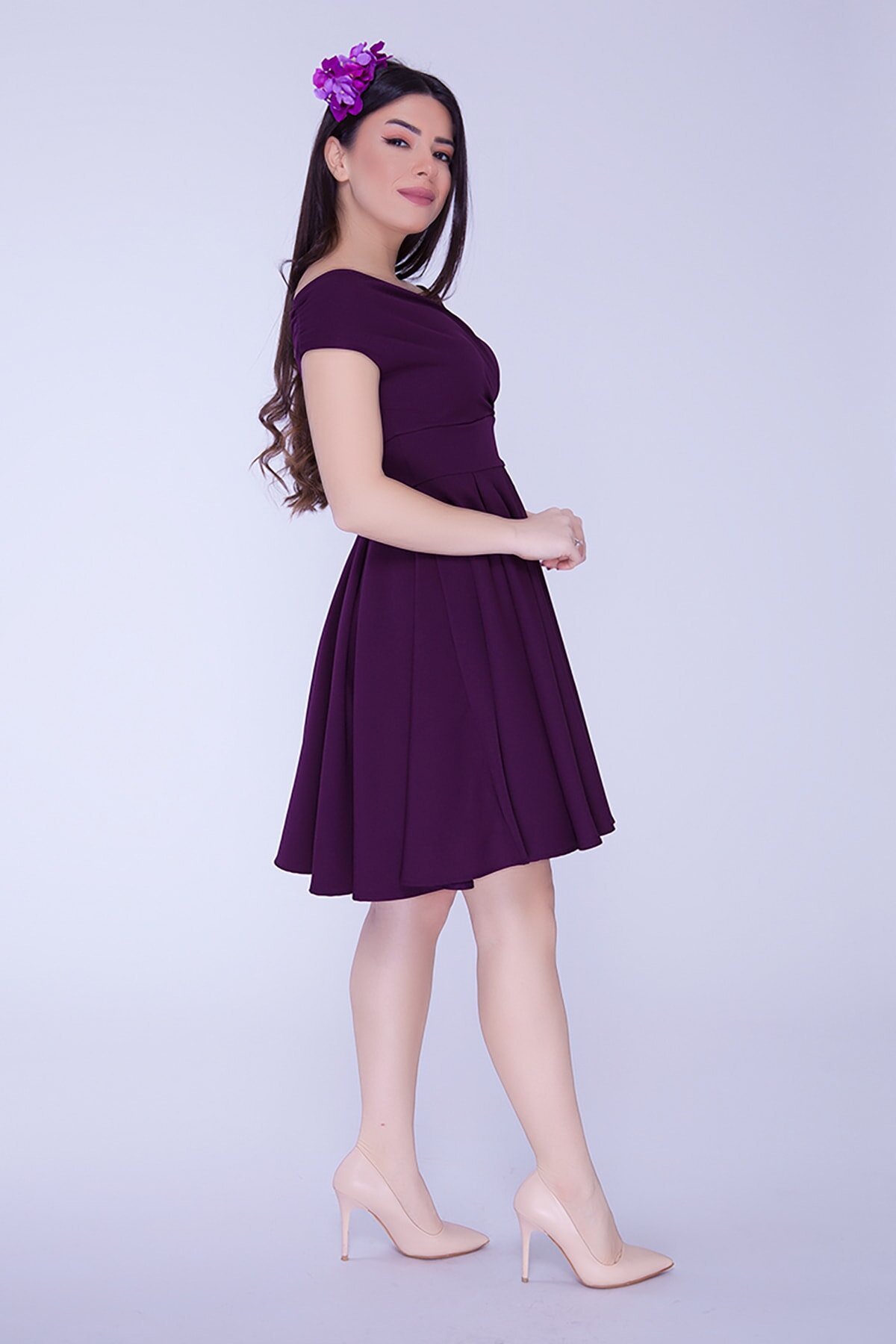 Mini Flared Flowy Pleated Woven Boat Neck Evening Dress - Damson - Bidoluelbise