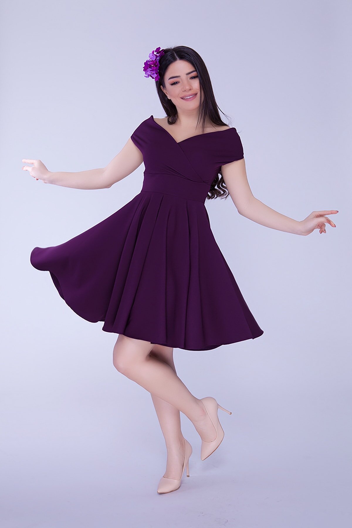 Mini Flared Flowy Pleated Woven Boat Neck Evening Dress - Damson - Bidoluelbise