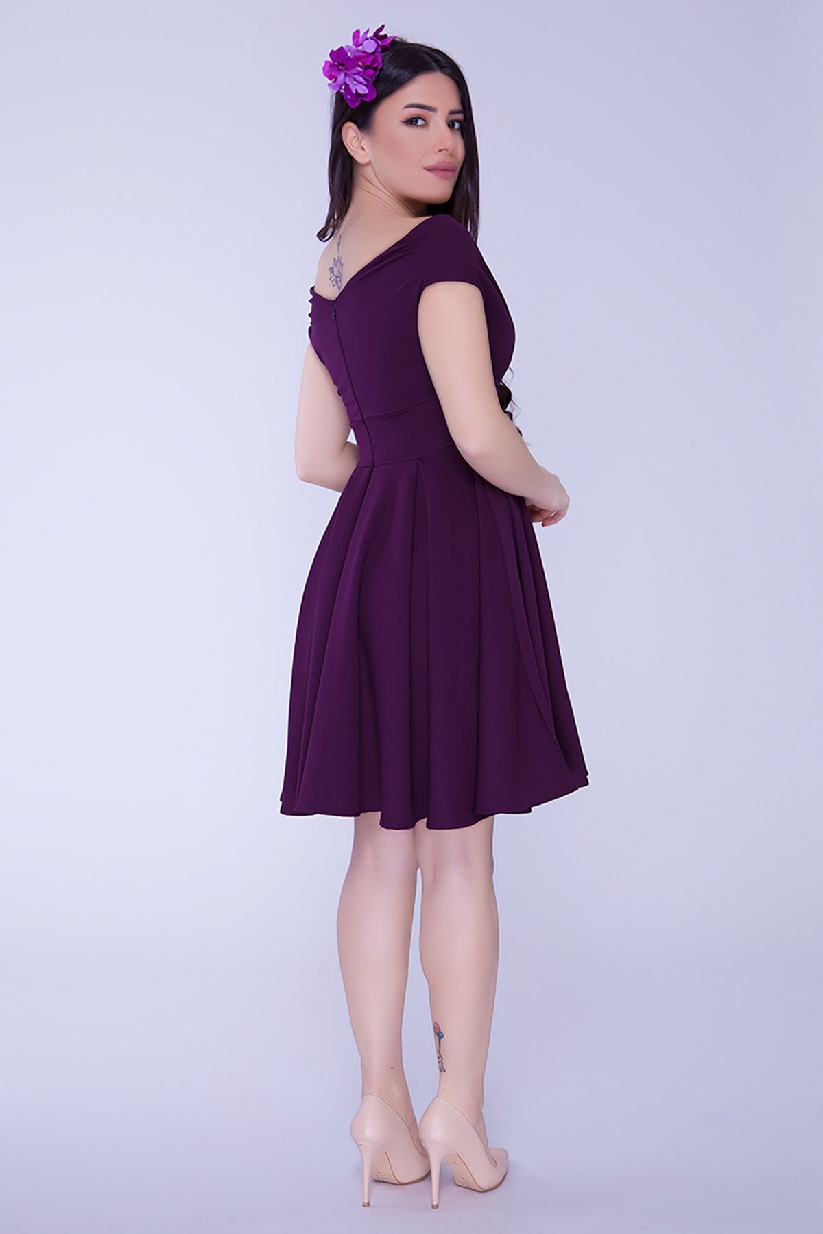 Mini Flared Flowy Pleated Woven Boat Neck Evening Dress - Damson - Bidoluelbise
