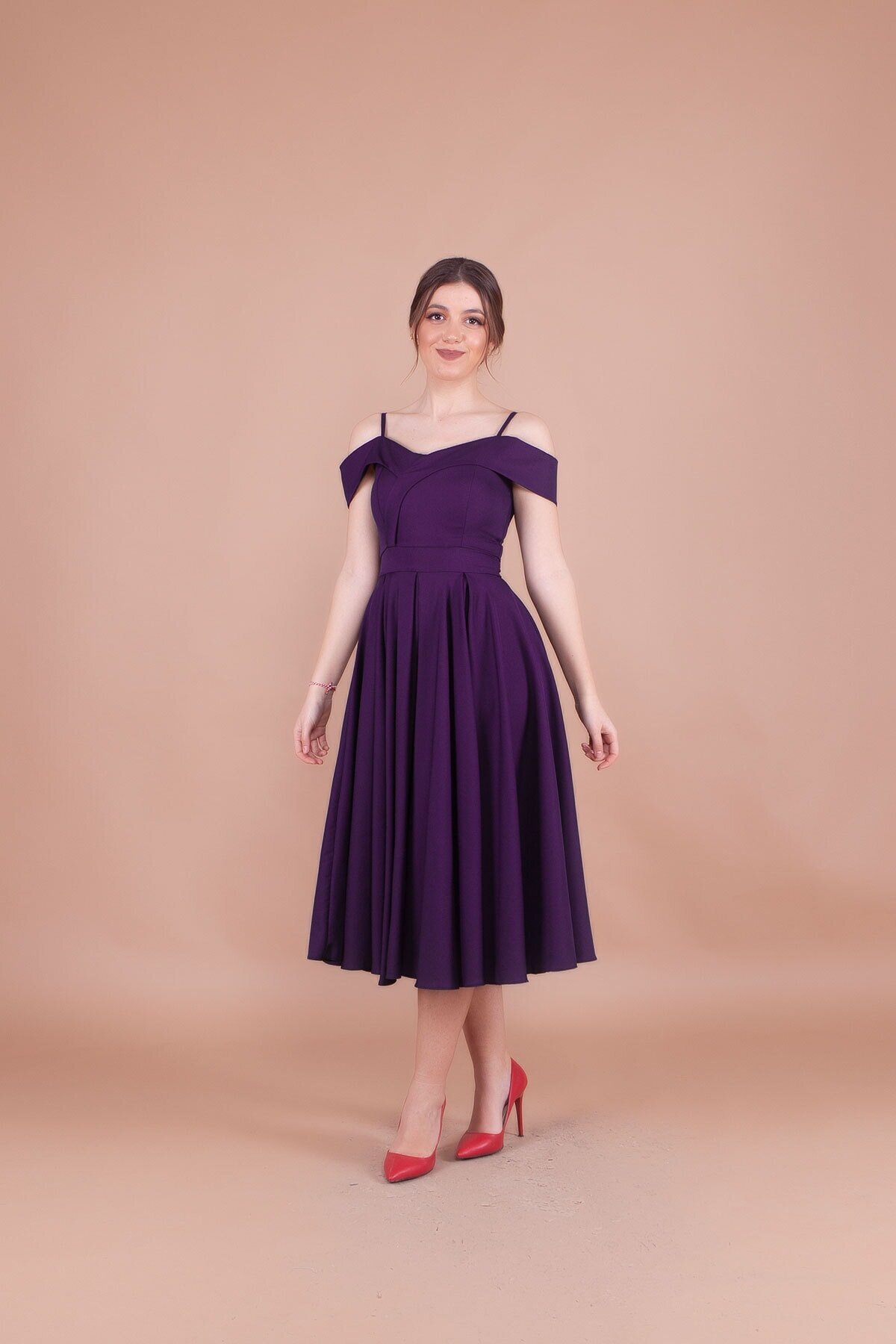 Midi Pleated Strappy Off-Shoulder Evening Dress - Plum - Bidoluelbise
