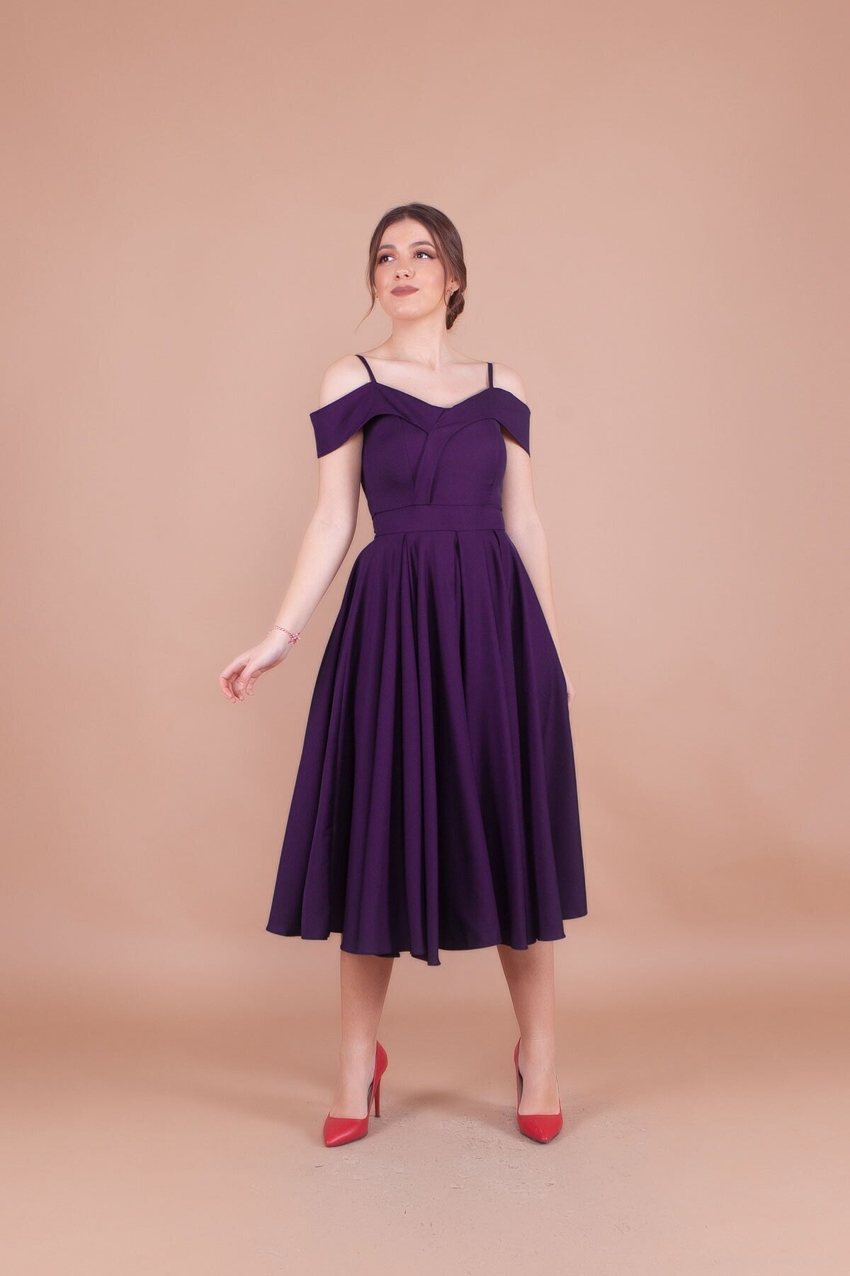 Midi Pleated Strappy Off-Shoulder Evening Dress - Plum - Bidoluelbise