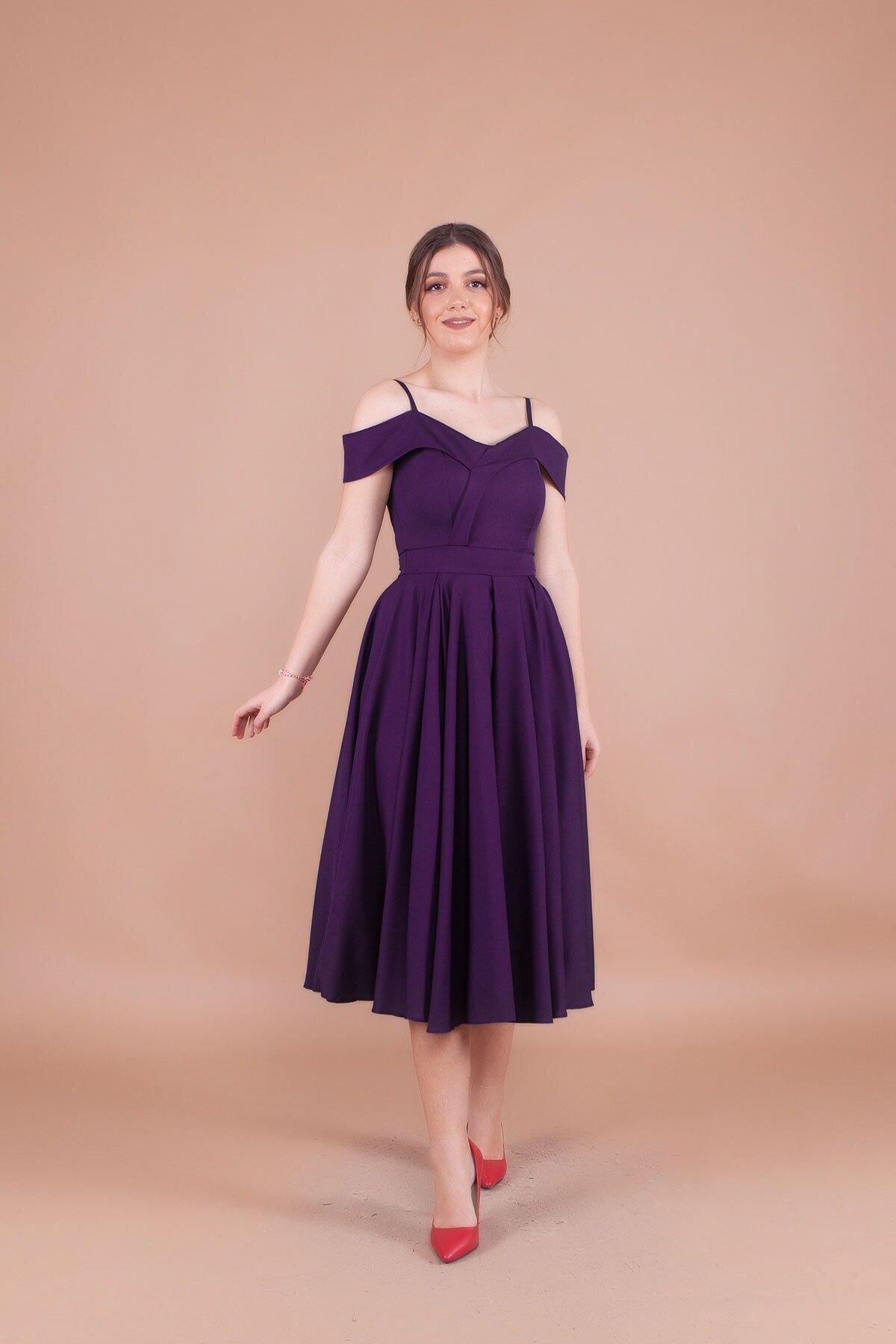 Midi Pleated Strappy Off-Shoulder Evening Dress - Plum - Bidoluelbise