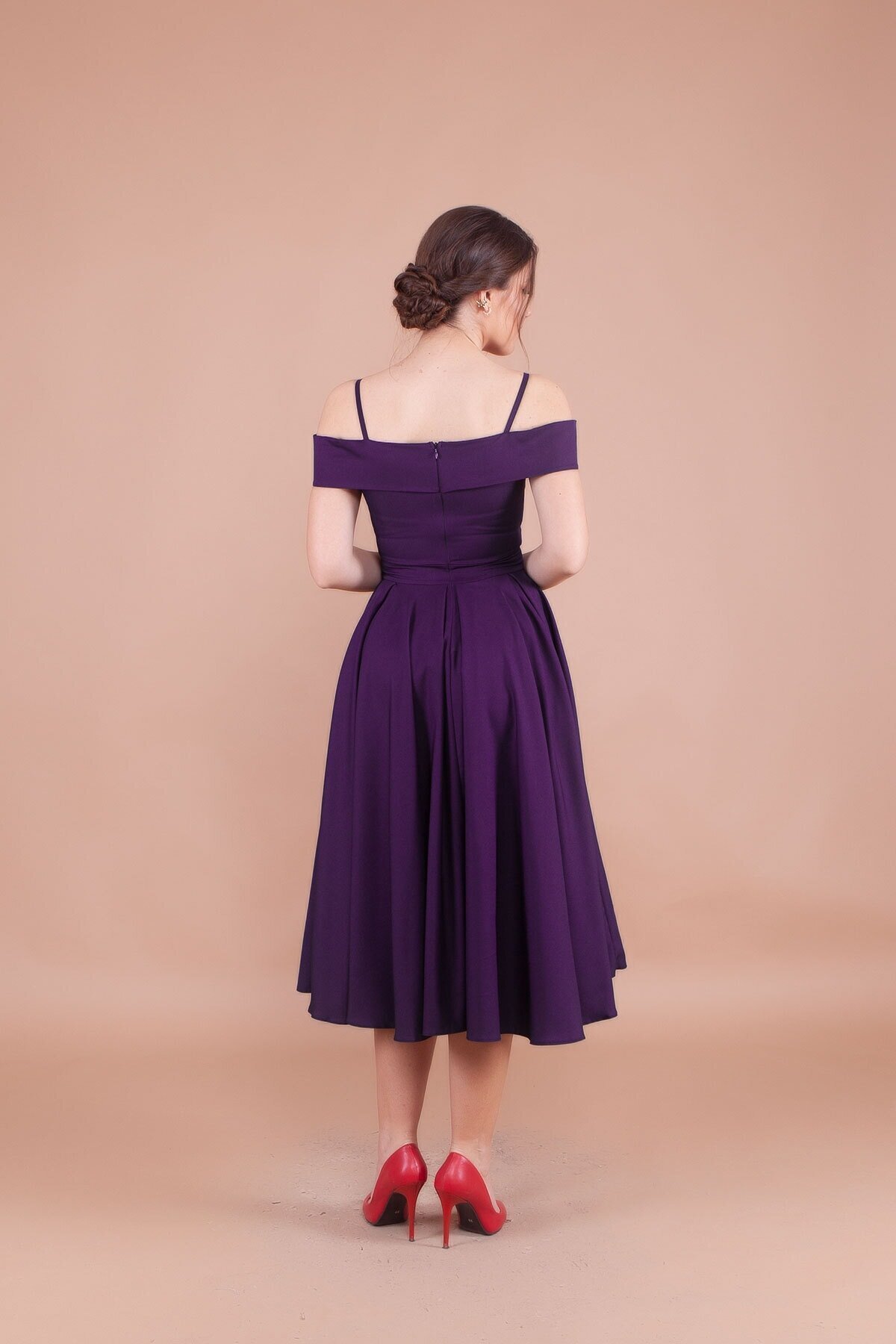Midi Pleated Strappy Off-Shoulder Evening Dress - Plum - Bidoluelbise