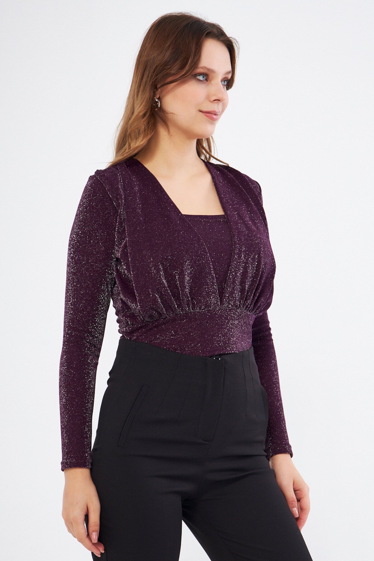 Long Sleeve Shimmery Knitted Shirred Snap-Button Bodysuit - Plum - Bidoluelbise