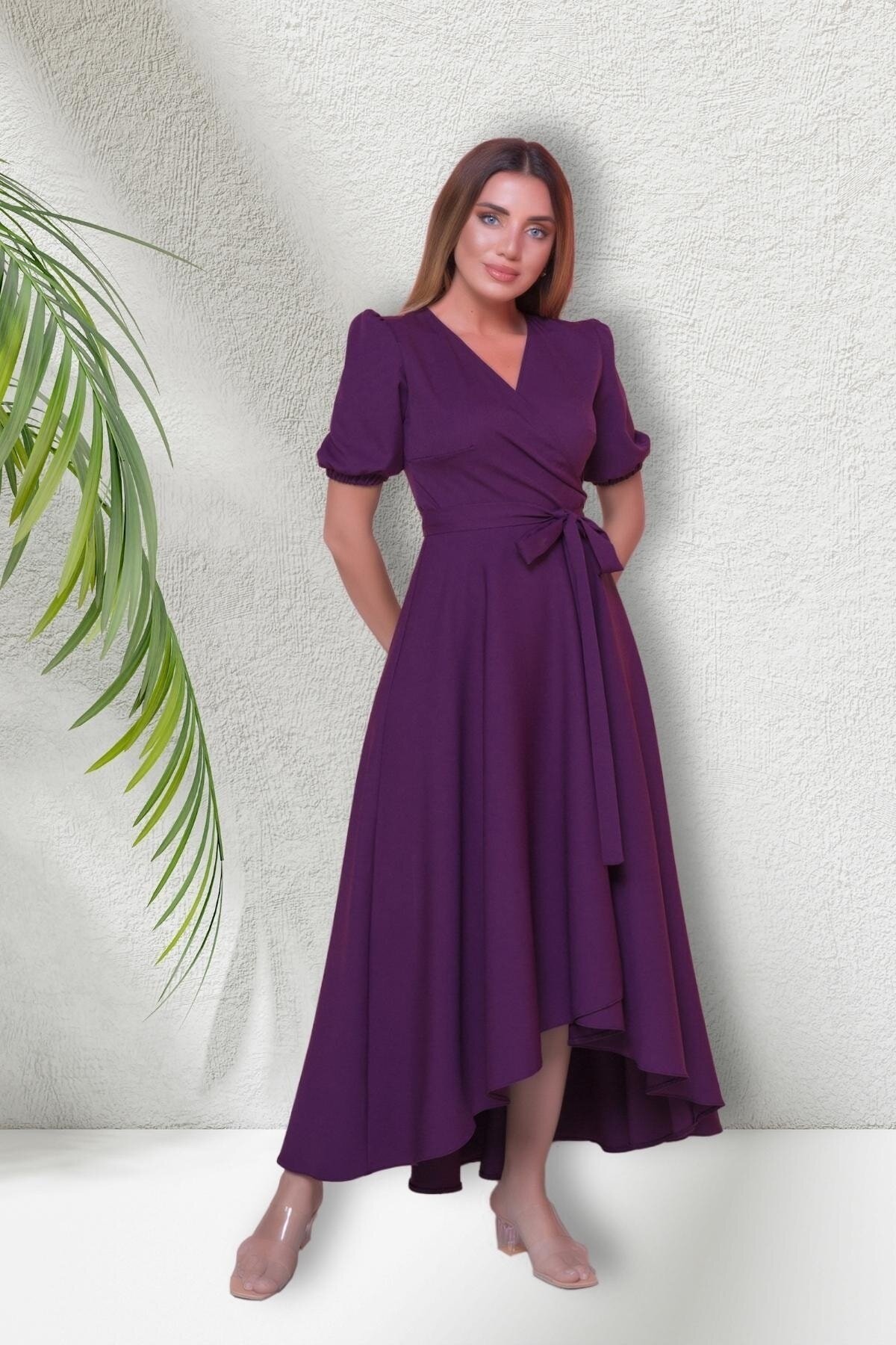 Long Asymmetrical Cut Short Sleeve Wrap Neck Dress - Plum - Bidoluelbise