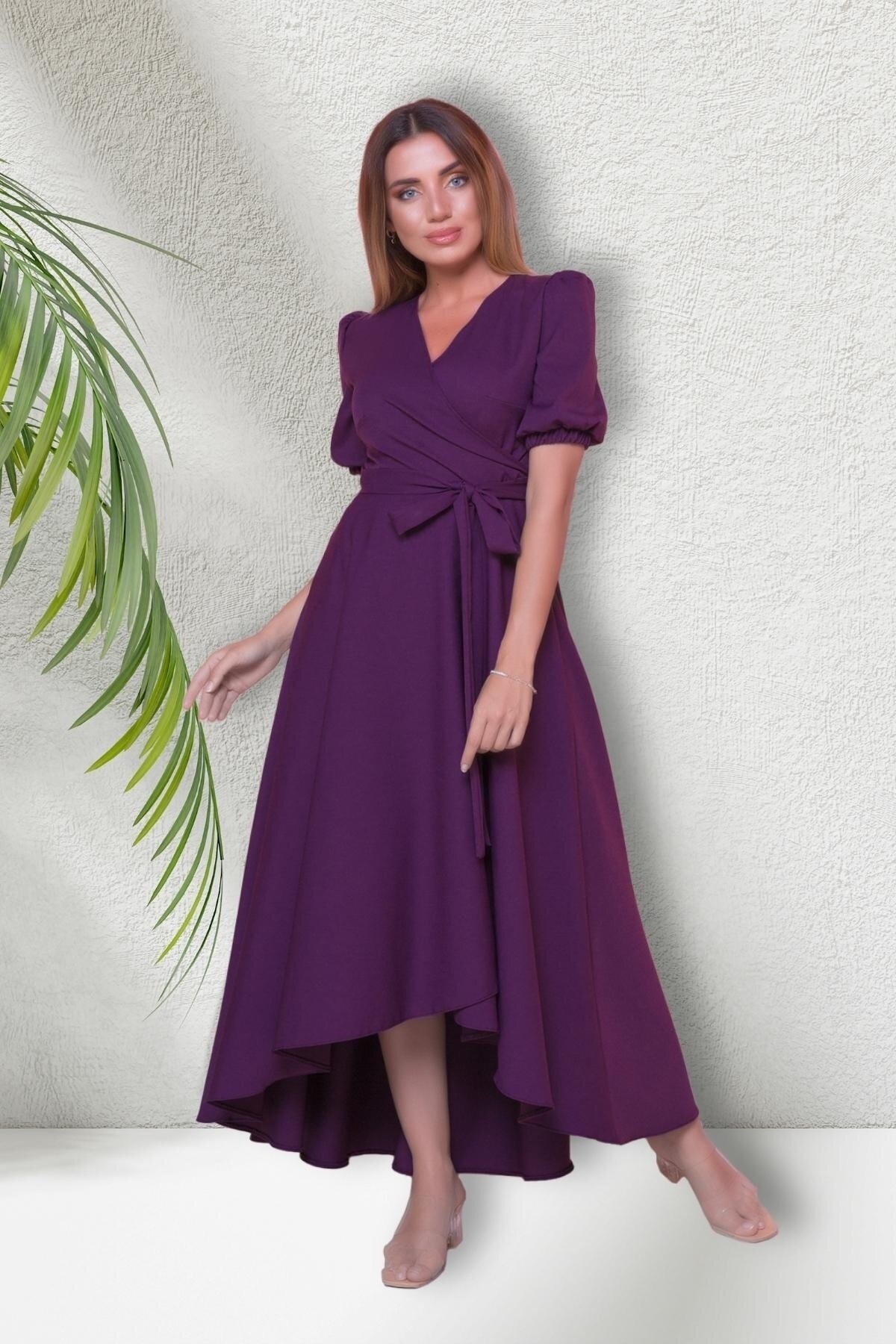 Long Asymmetrical Cut Short Sleeve Wrap Neck Dress - Plum - Bidoluelbise