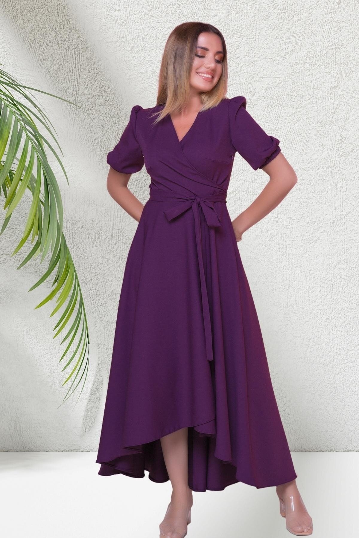 Long Asymmetrical Cut Short Sleeve Wrap Neck Dress - Plum - Bidoluelbise