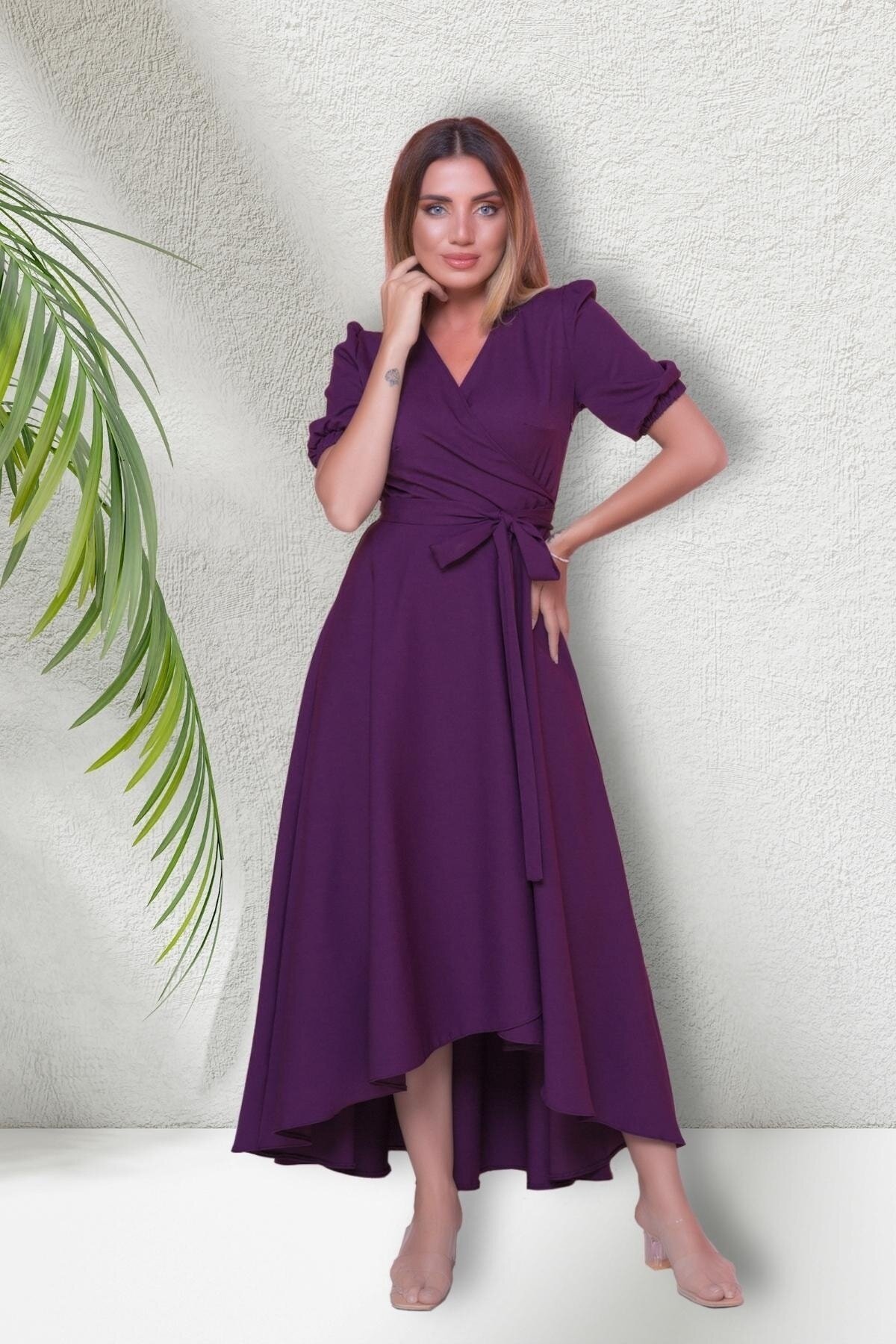 Long Asymmetrical Cut Short Sleeve Wrap Neck Dress - Plum - Bidoluelbise