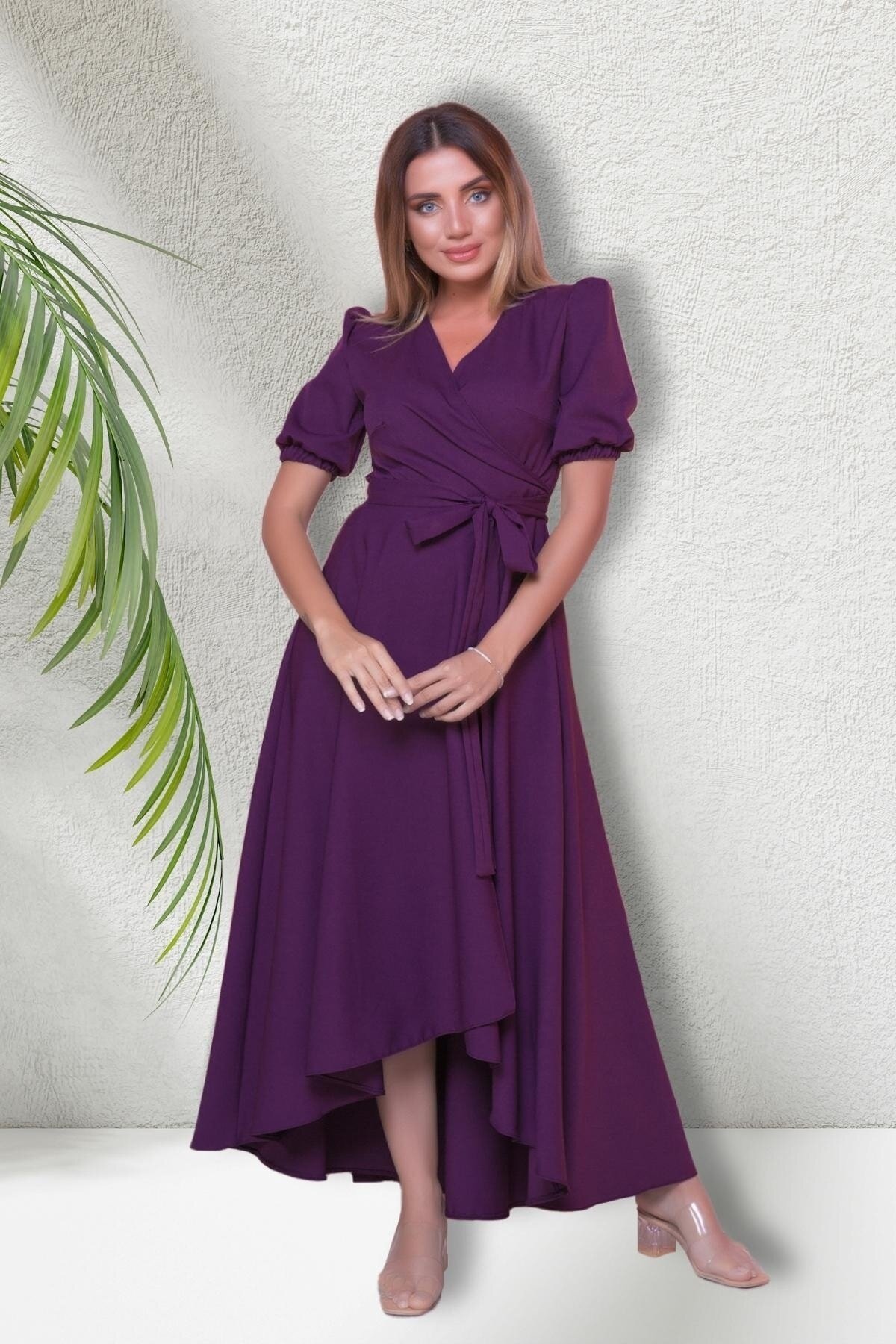 Long Asymmetrical Cut Short Sleeve Wrap Neck Dress - Plum - Bidoluelbise