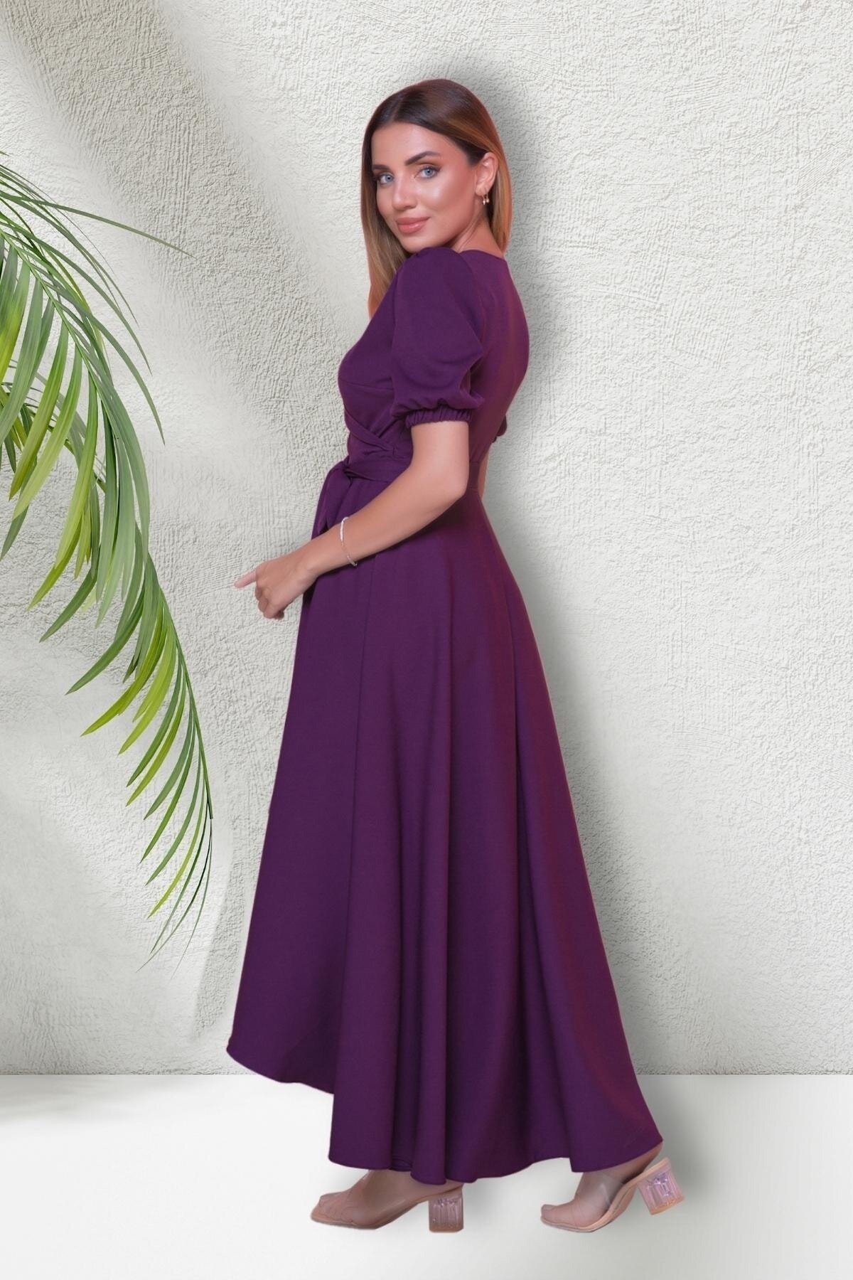 Long Asymmetrical Cut Short Sleeve Wrap Neck Dress - Plum - Bidoluelbise