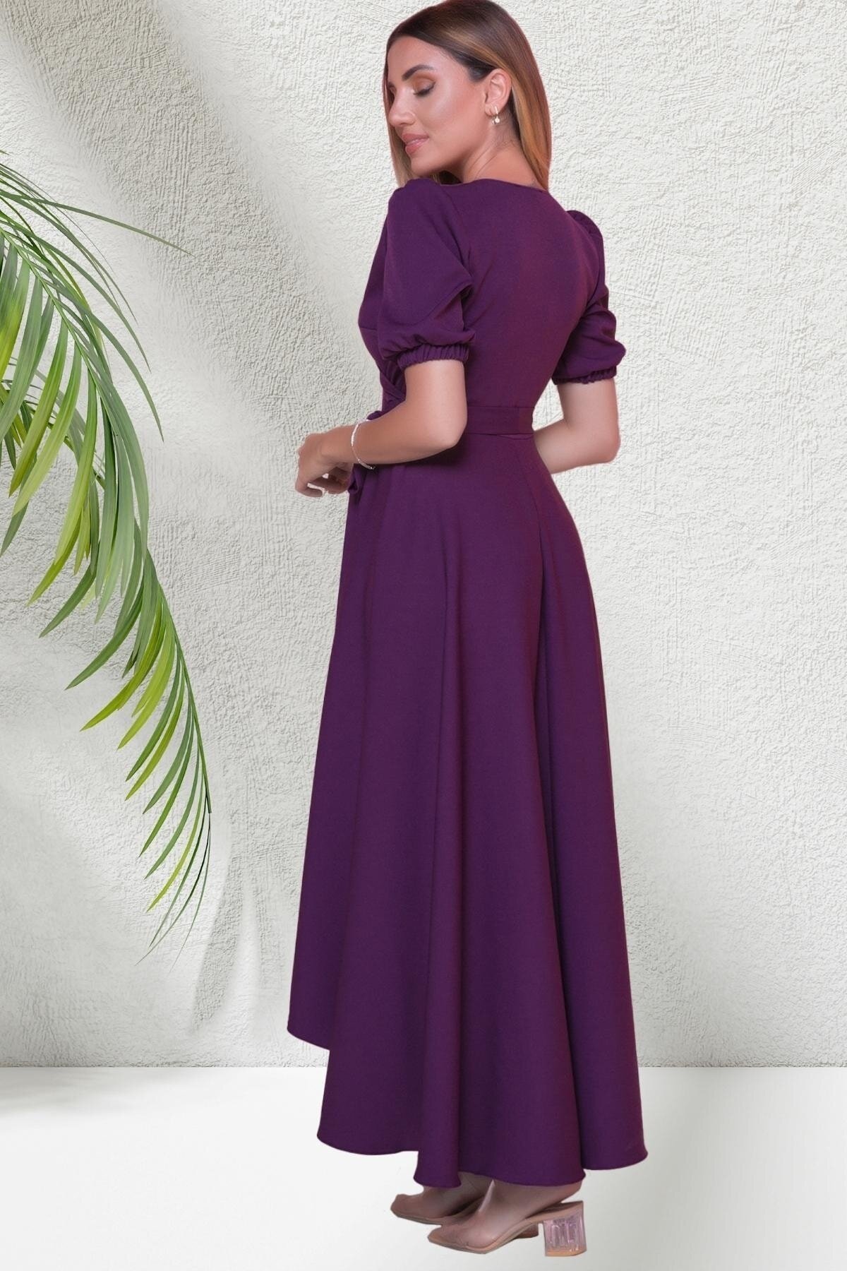 Long Asymmetrical Cut Short Sleeve Wrap Neck Dress - Plum - Bidoluelbise