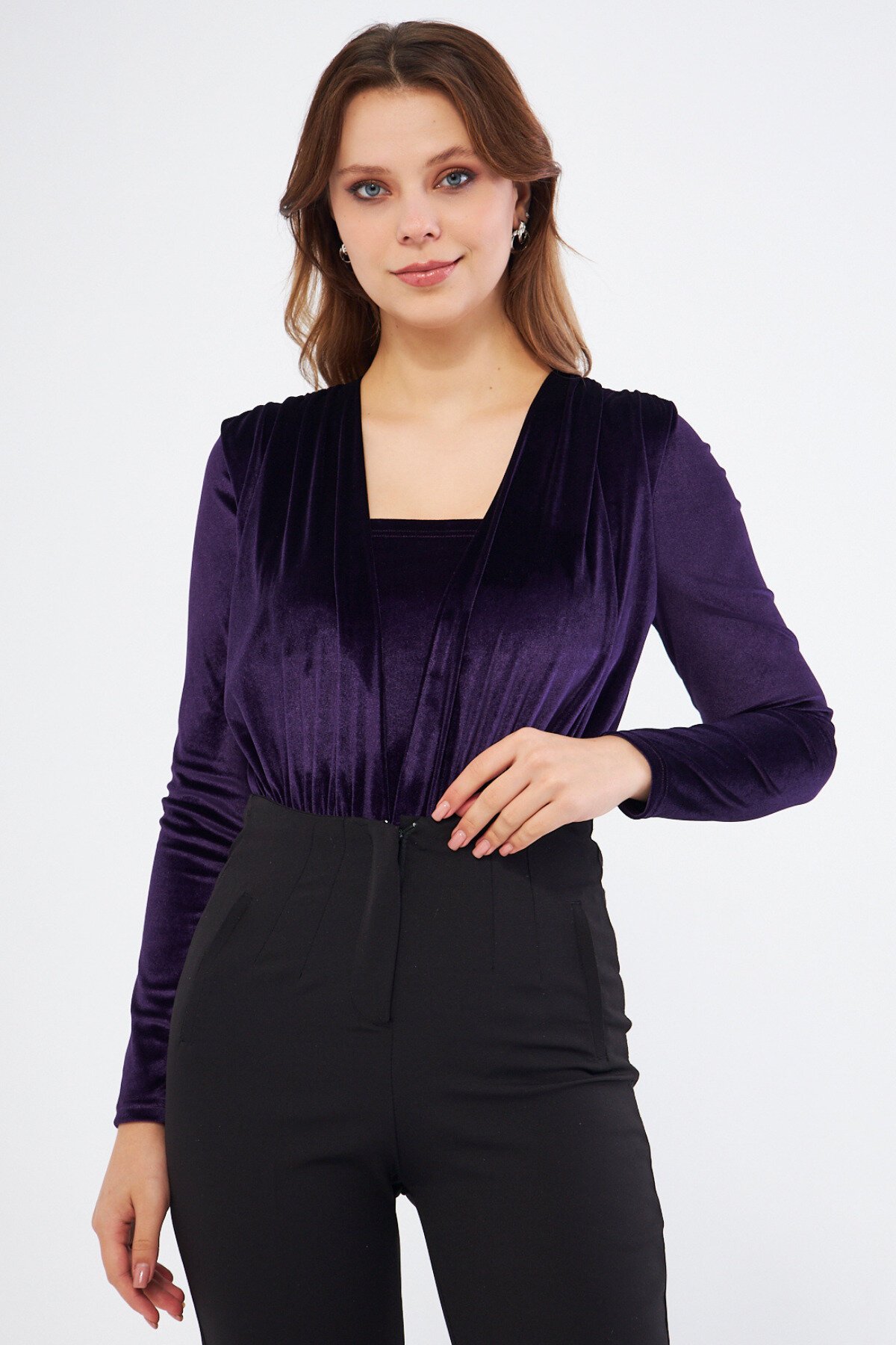 Long Sleeve Velvet Ruched Snap Bodysuit - Plum - Bidoluelbise