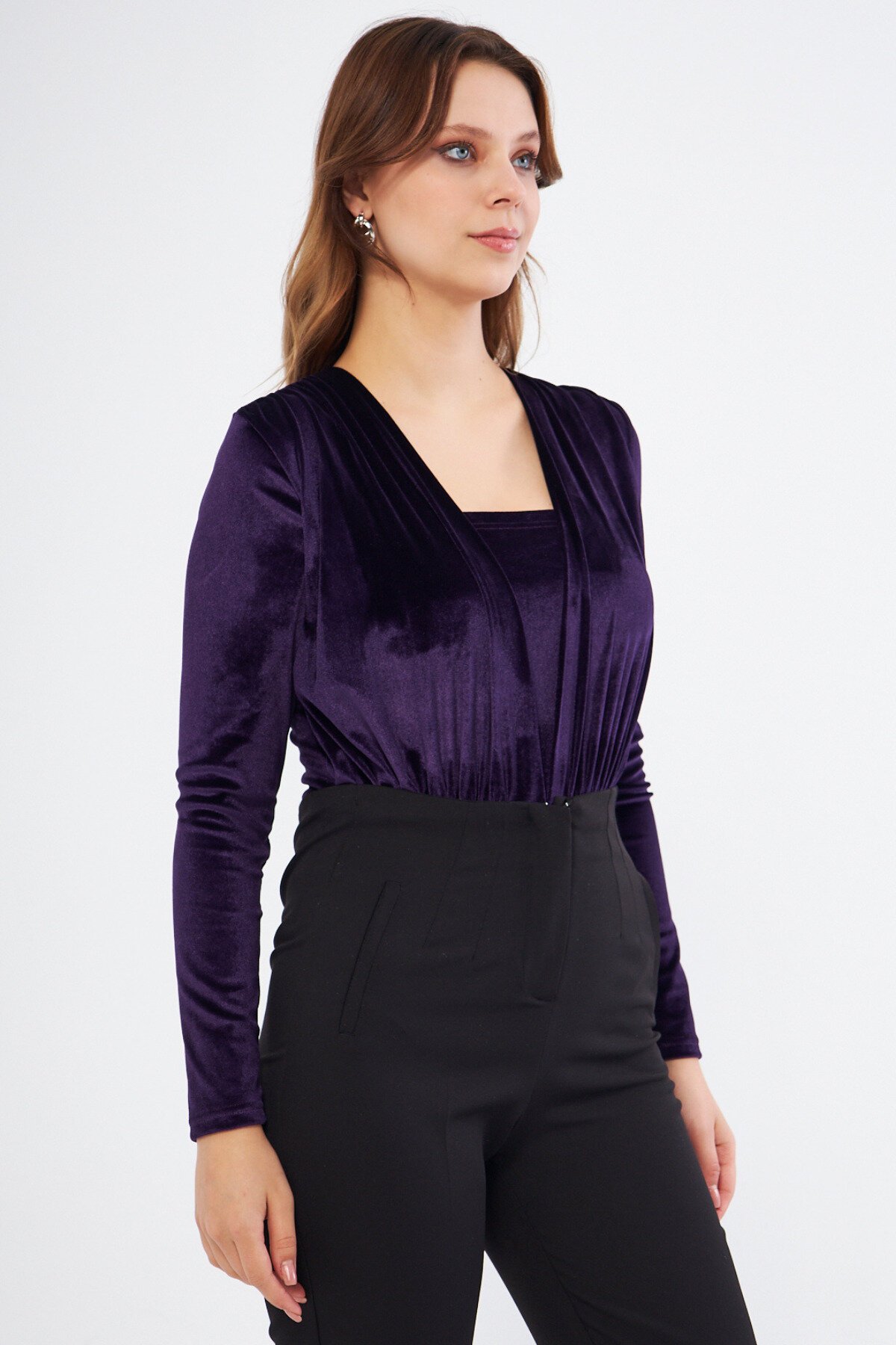 Long Sleeve Velvet Ruched Snap Bodysuit - Plum - Bidoluelbise
