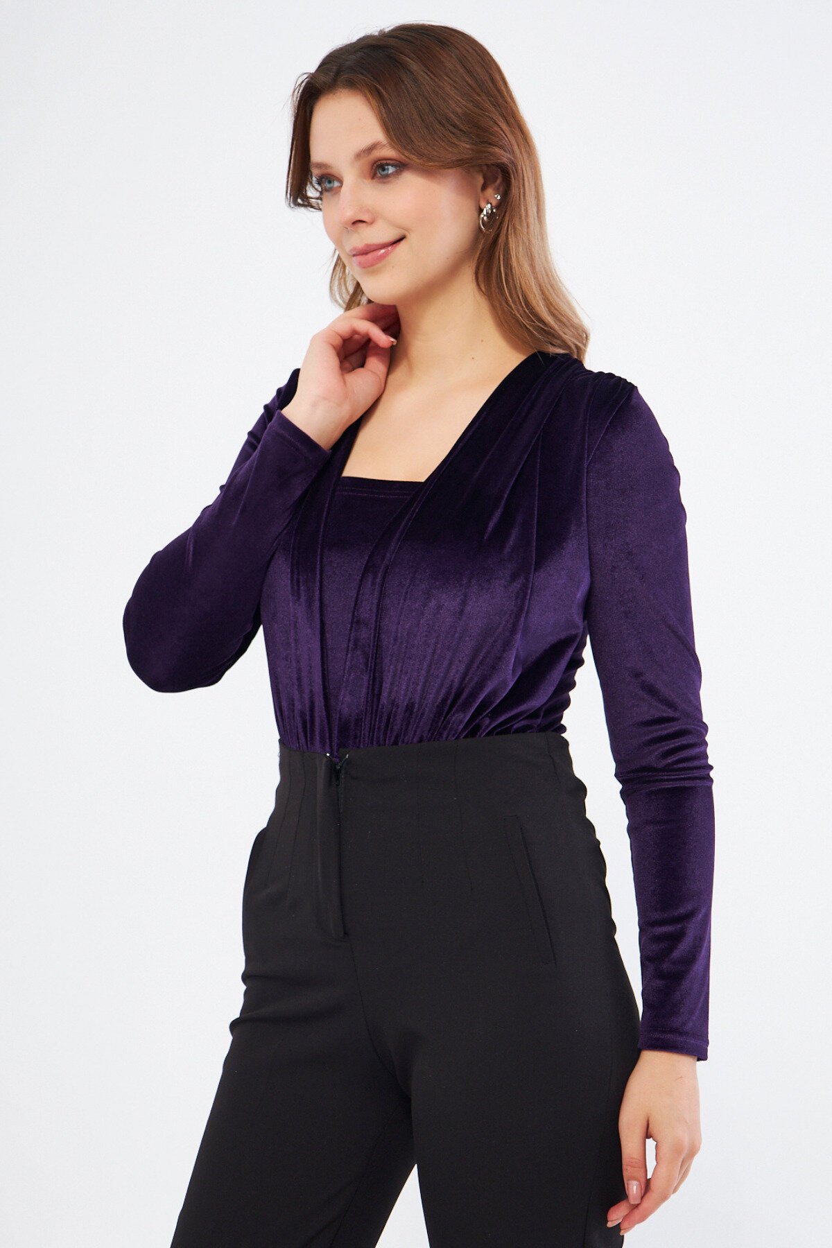 Long Sleeve Velvet Ruched Snap Bodysuit - Plum - Bidoluelbise