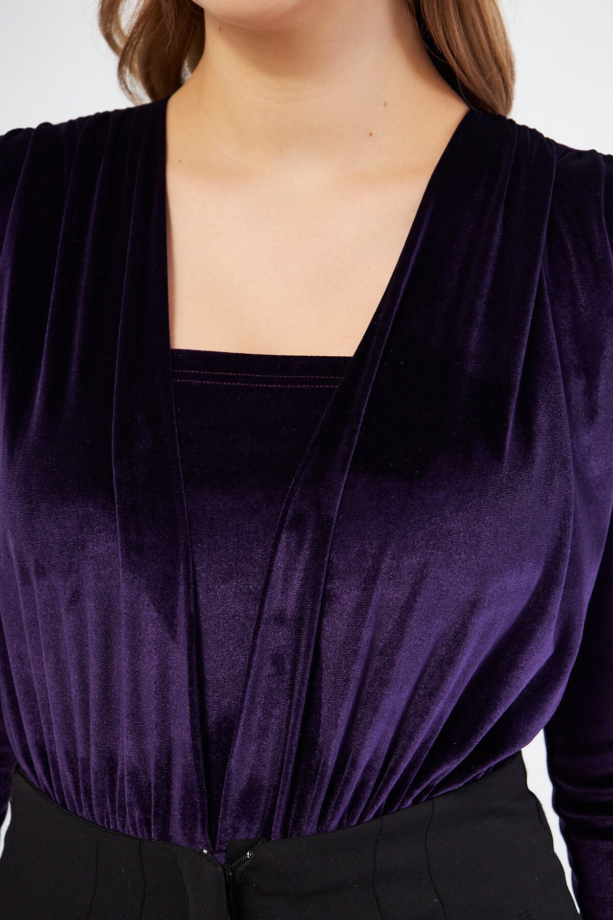 Long Sleeve Velvet Ruched Snap Bodysuit - Plum - Bidoluelbise