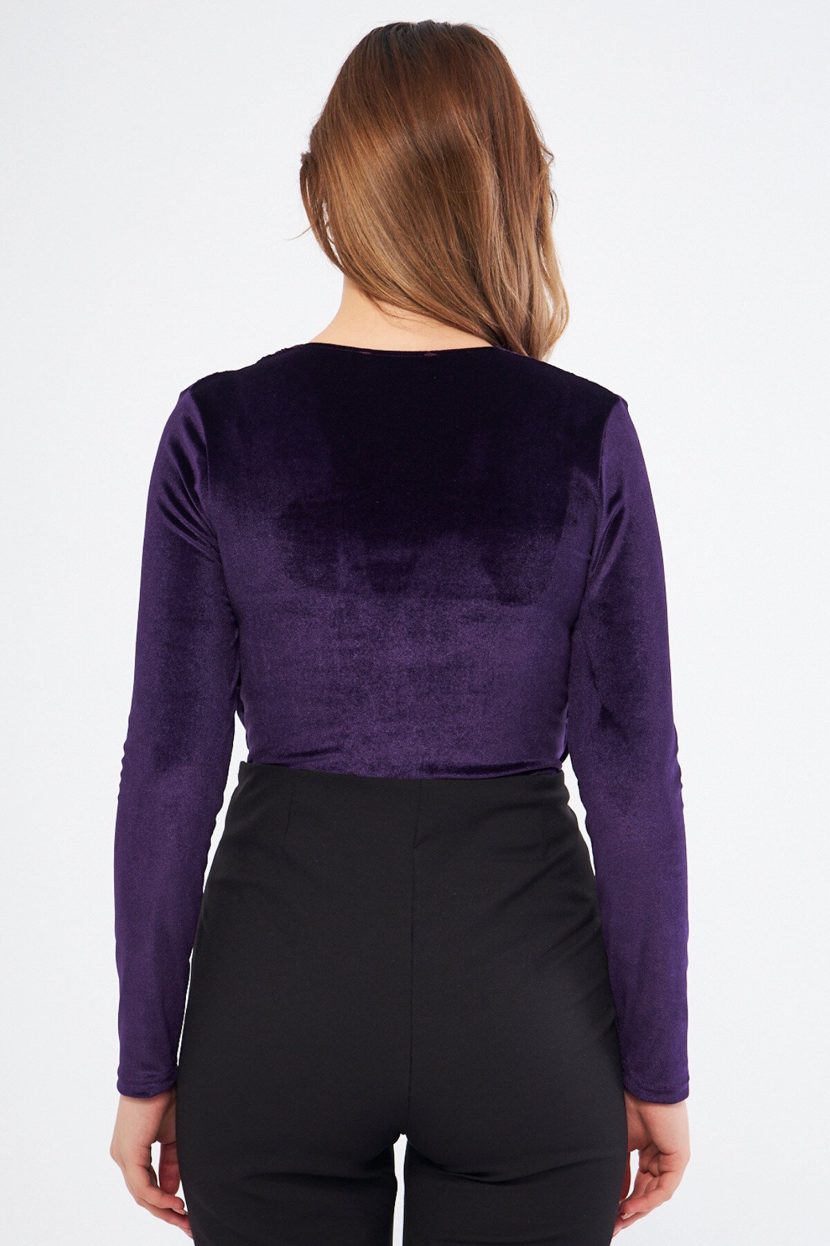 Long Sleeve Velvet Ruched Snap Bodysuit - Plum - Bidoluelbise