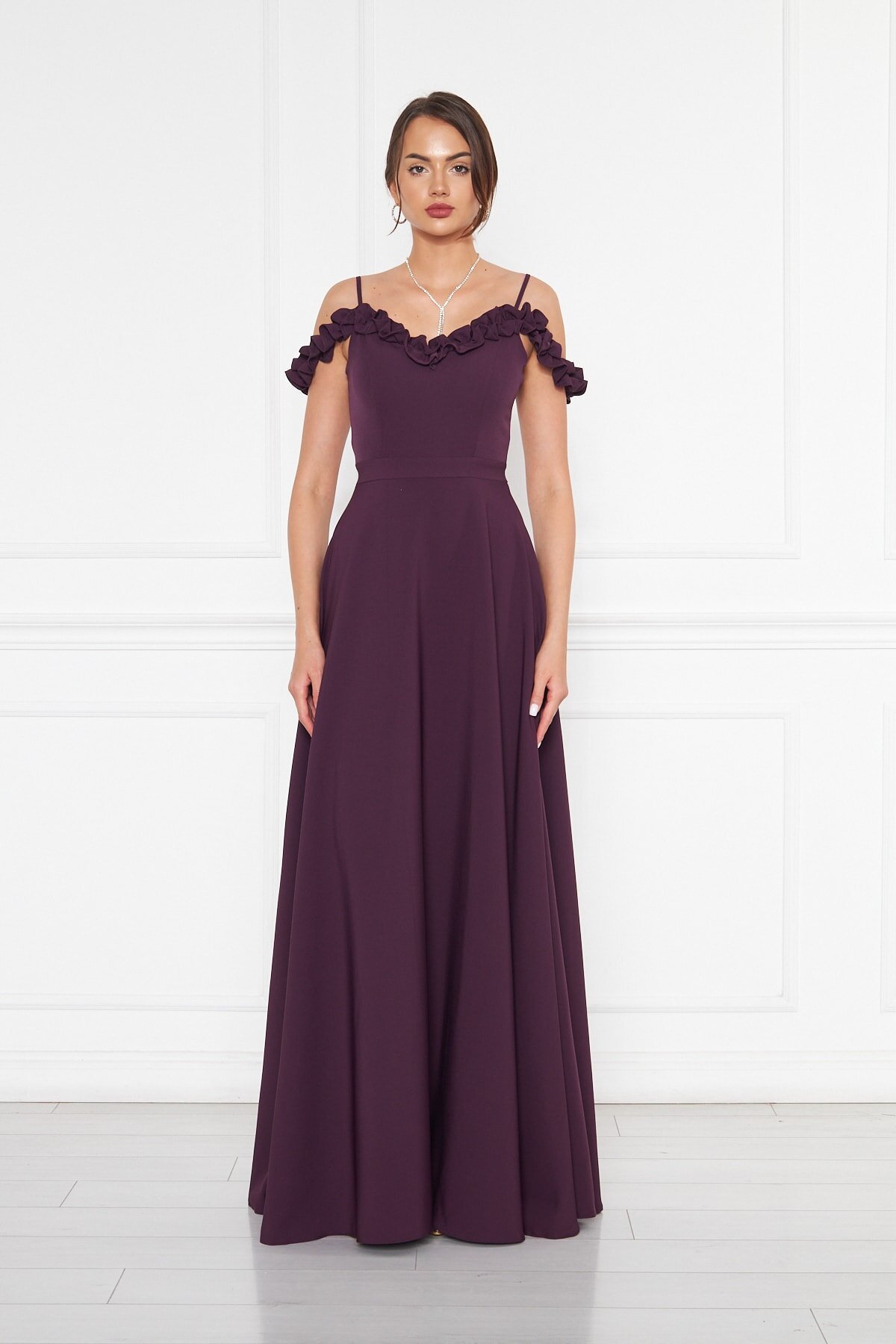 Long Strapless Flared Ruffle-Detail Adjustable-Strap Evening Dress - Plum - Bidoluelbise