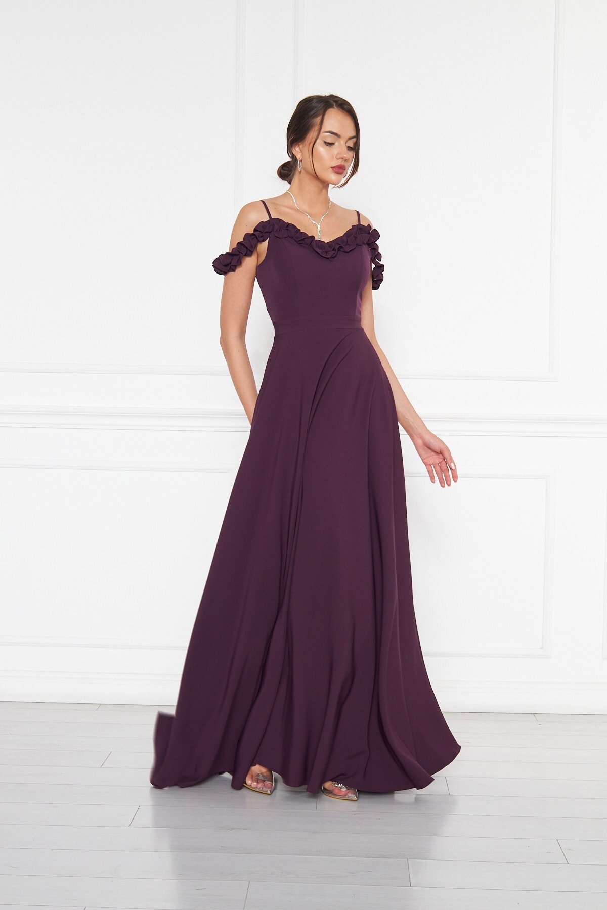 Long Strapless Flared Ruffle-Detail Adjustable-Strap Evening Dress - Plum - Bidoluelbise