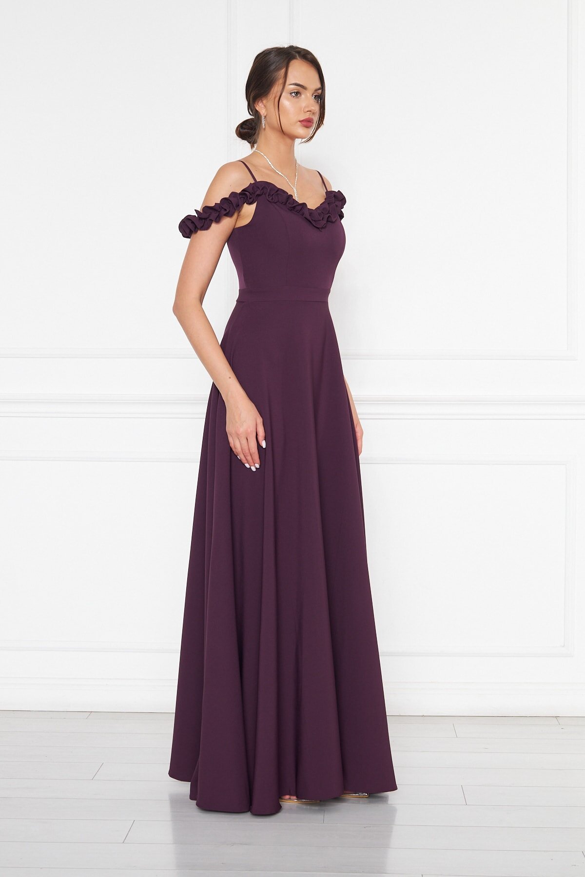 Long Strapless Flared Ruffle-Detail Adjustable-Strap Evening Dress - Plum - Bidoluelbise