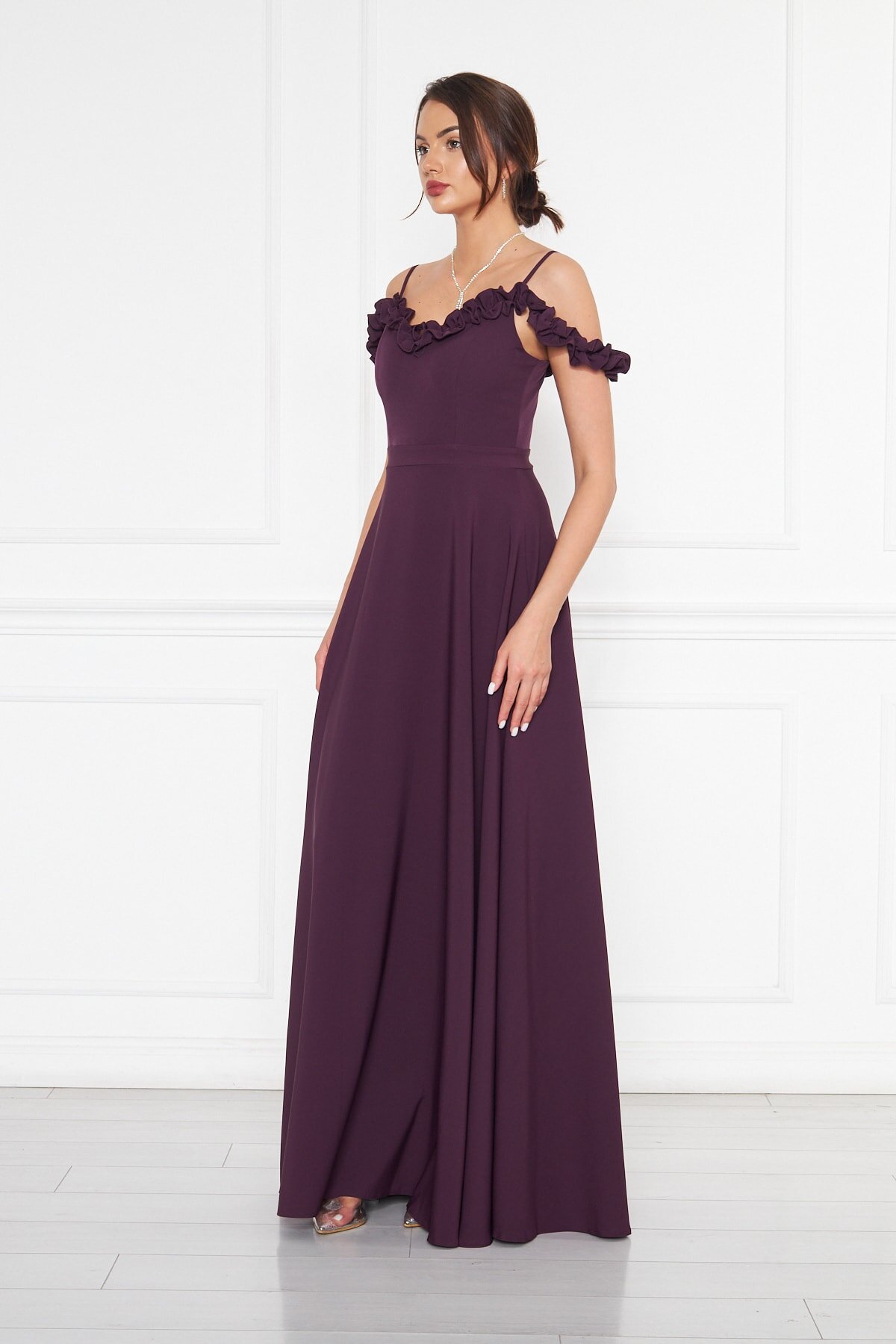 Long Strapless Flared Ruffle-Detail Adjustable-Strap Evening Dress - Plum - Bidoluelbise