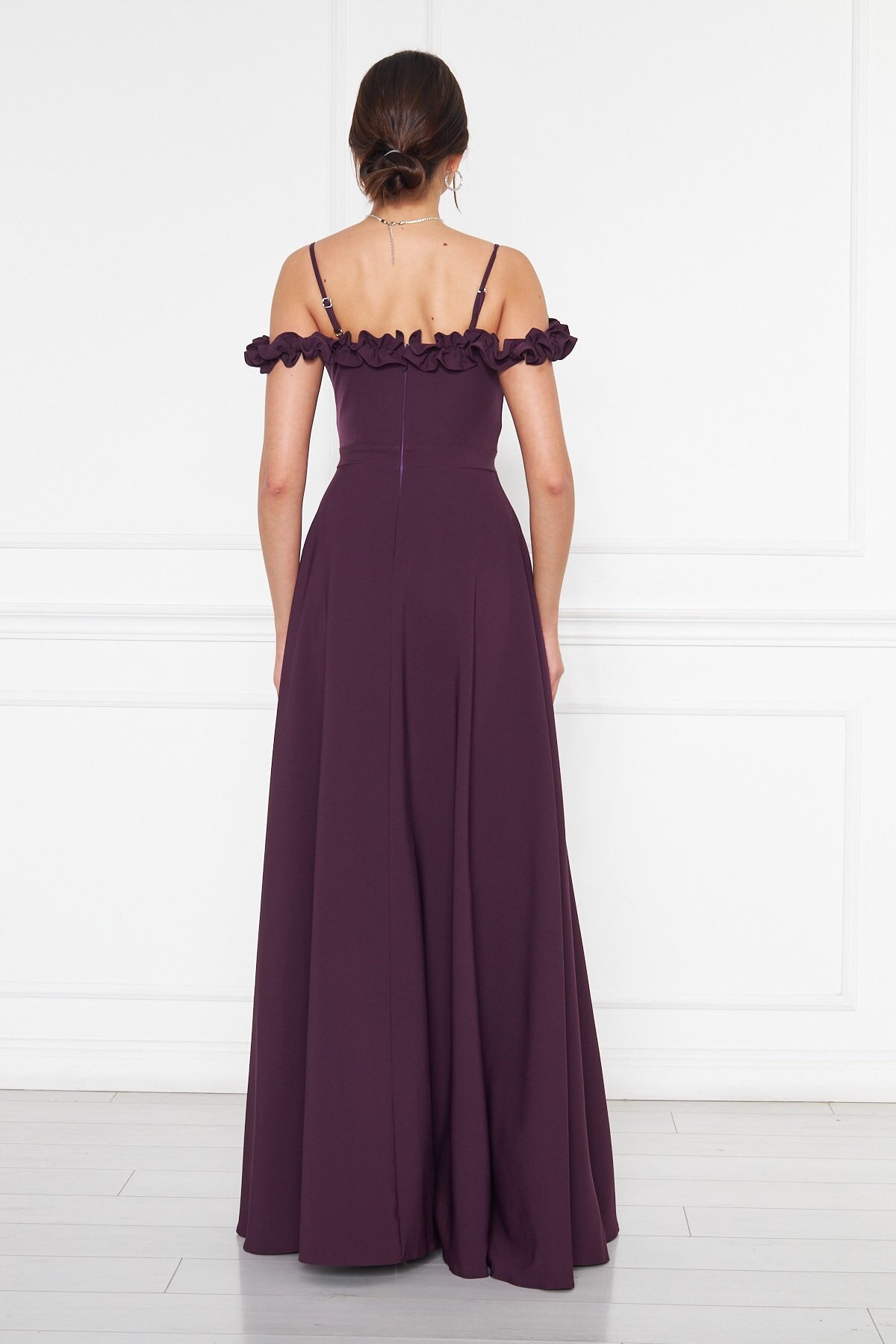 Long Strapless Flared Ruffle-Detail Adjustable-Strap Evening Dress - Plum - Bidoluelbise