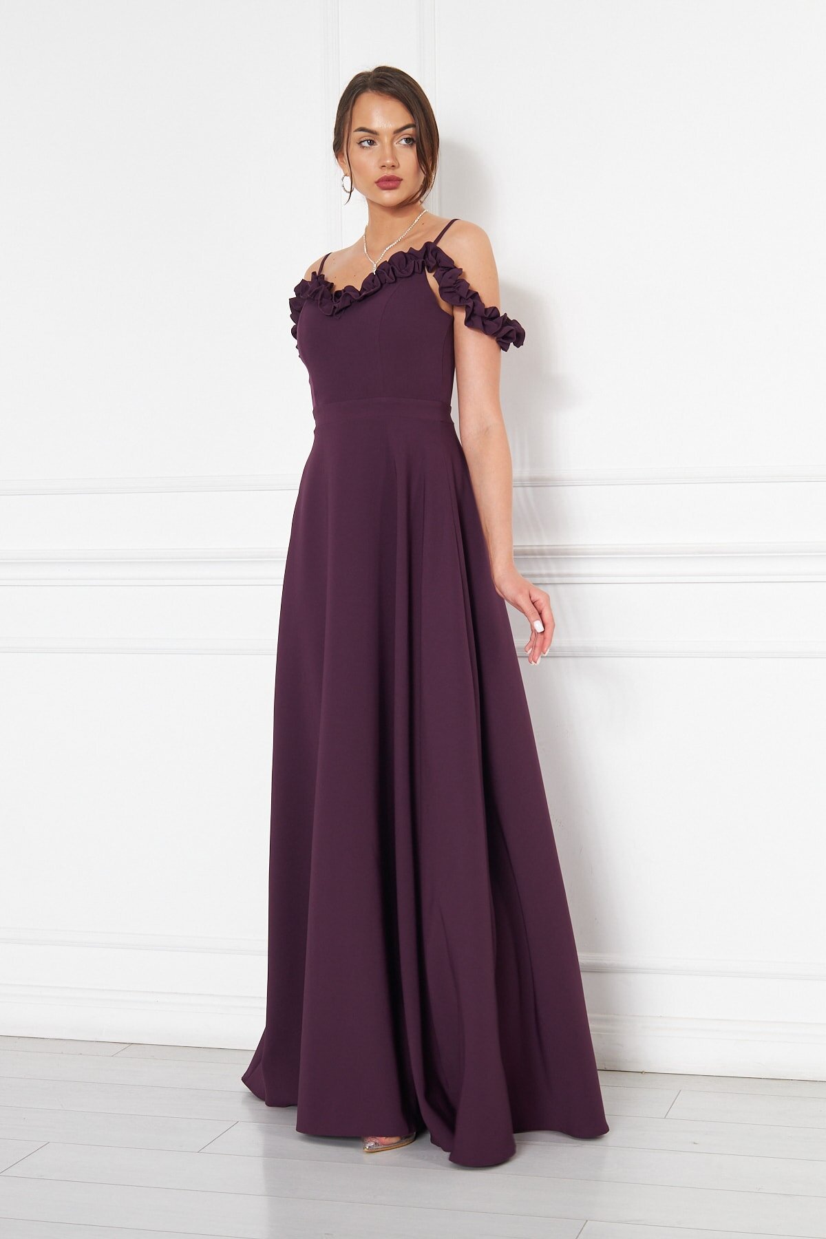 Long Strapless Flared Ruffle-Detail Adjustable-Strap Evening Dress - Plum - Bidoluelbise