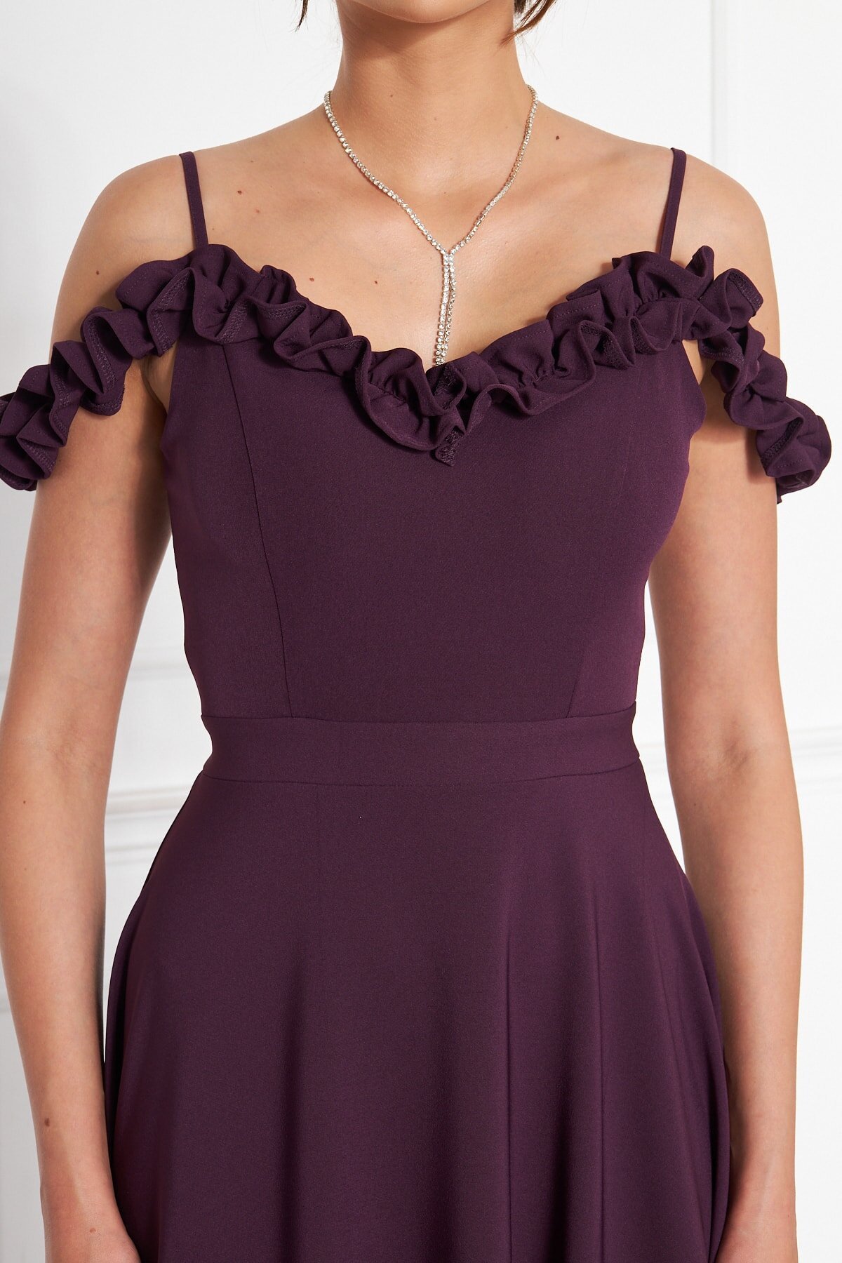 Long Strapless Flared Ruffle-Detail Adjustable-Strap Evening Dress - Plum - Bidoluelbise