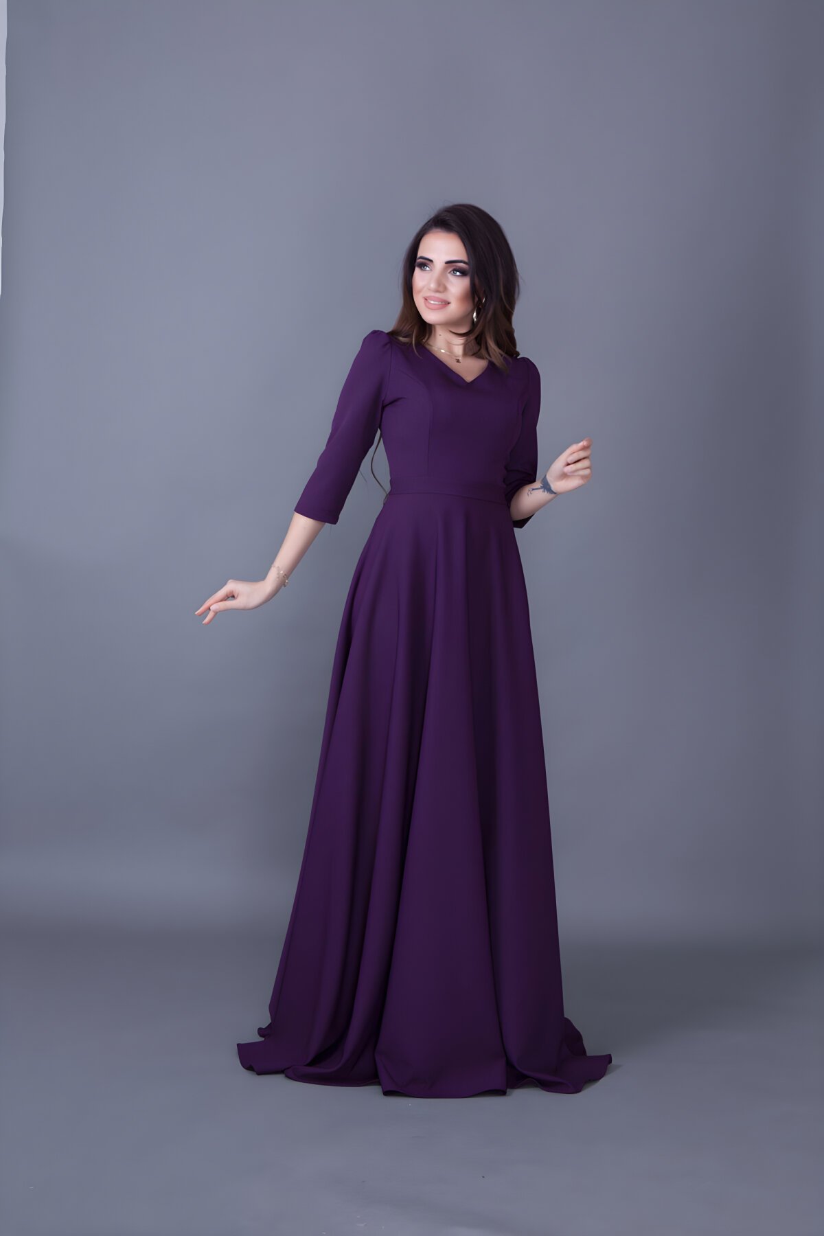 Mürdüm Uzun V Yaka Abiye Elbise - Bidoluelbise