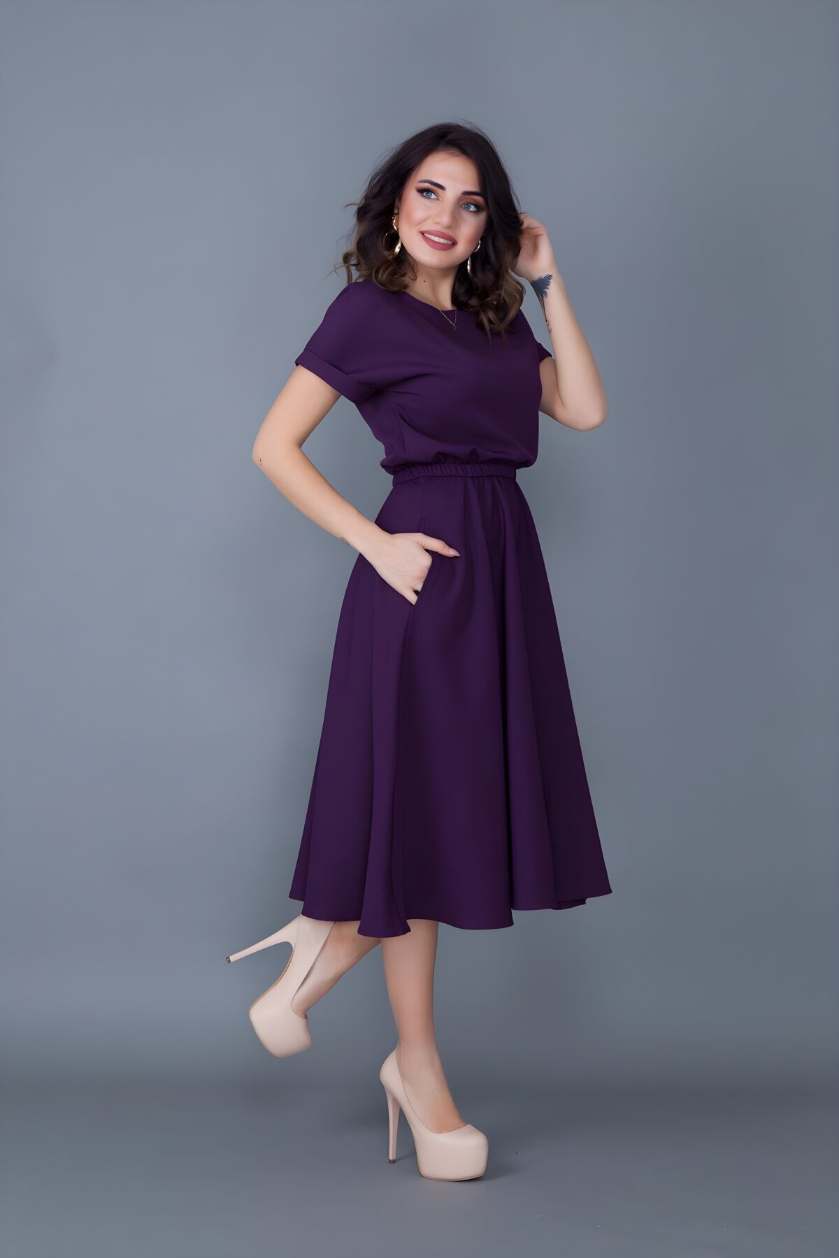 Mürdüm Yarasa Kol Midi Beli Lastikli Cepli Elbise - Bidoluelbise