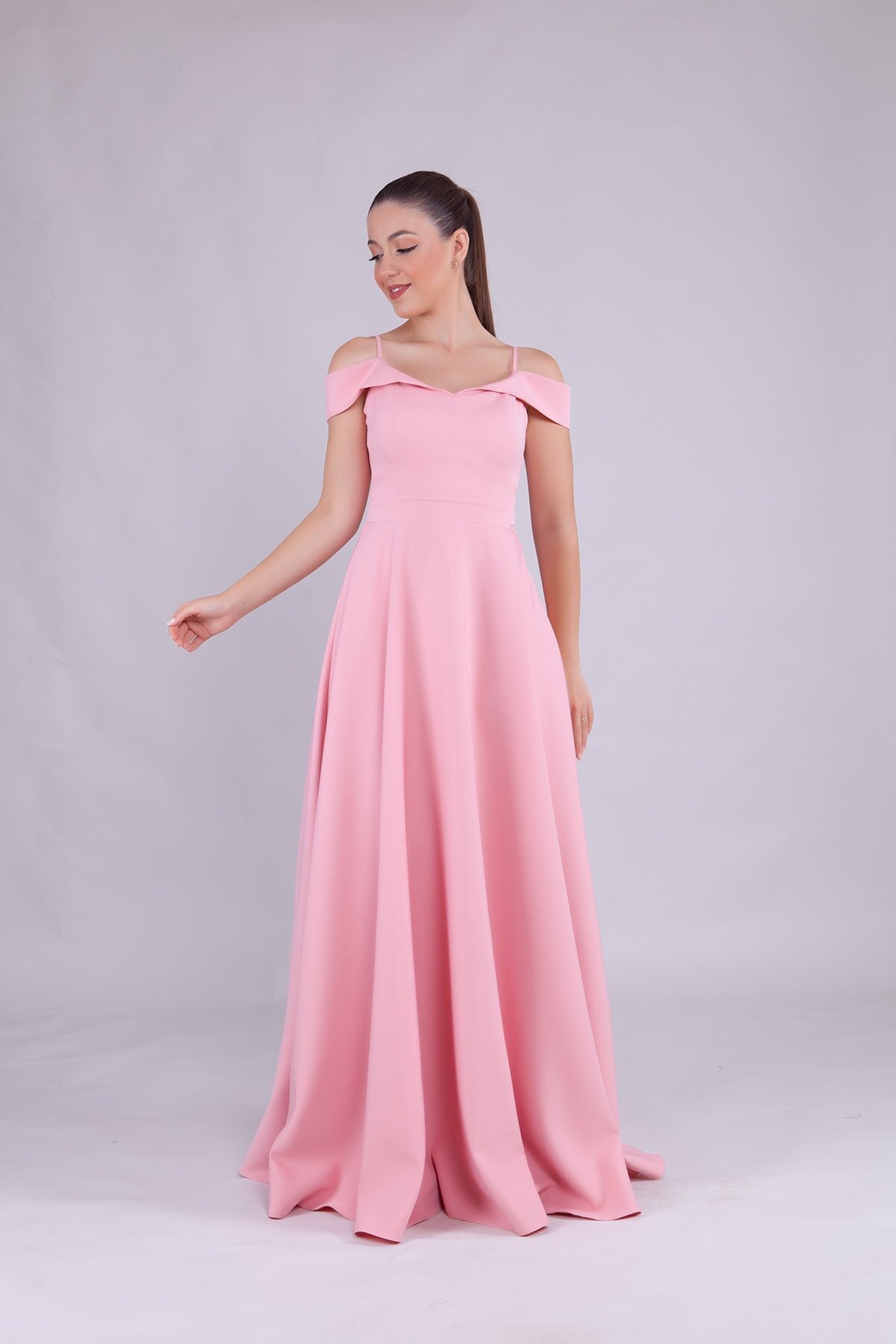 Long Strappy Strapless-Shoulder Detail Evening Dress - Dusty Pink - Bidoluelbise