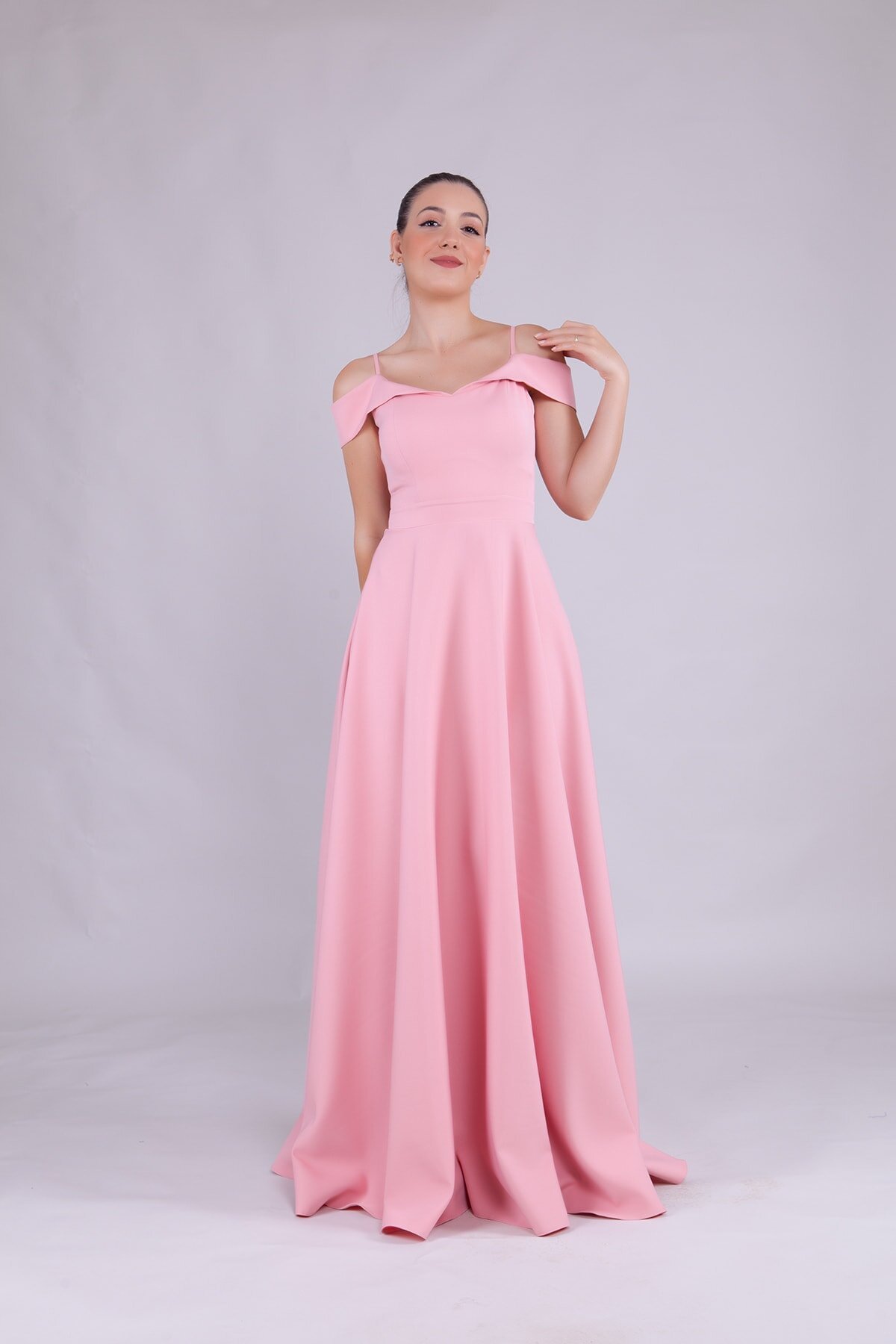 Long Strappy Strapless-Shoulder Detail Evening Dress - Dusty Pink - Bidoluelbise