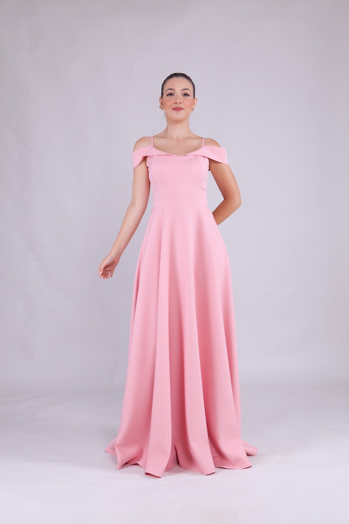 Long Strappy Strapless-Shoulder Detail Evening Dress - Dusty Pink - Bidoluelbise