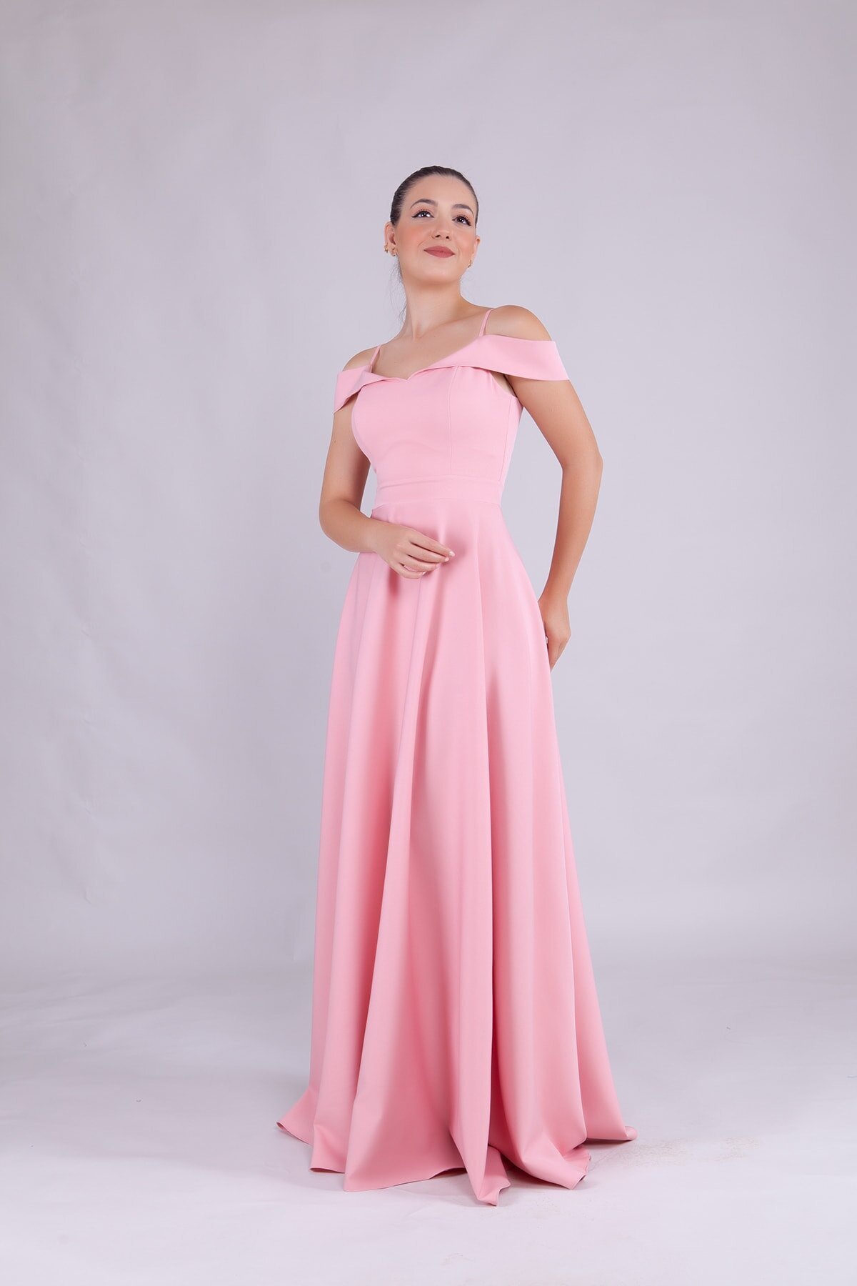 Long Strappy Strapless-Shoulder Detail Evening Dress - Dusty Pink - Bidoluelbise