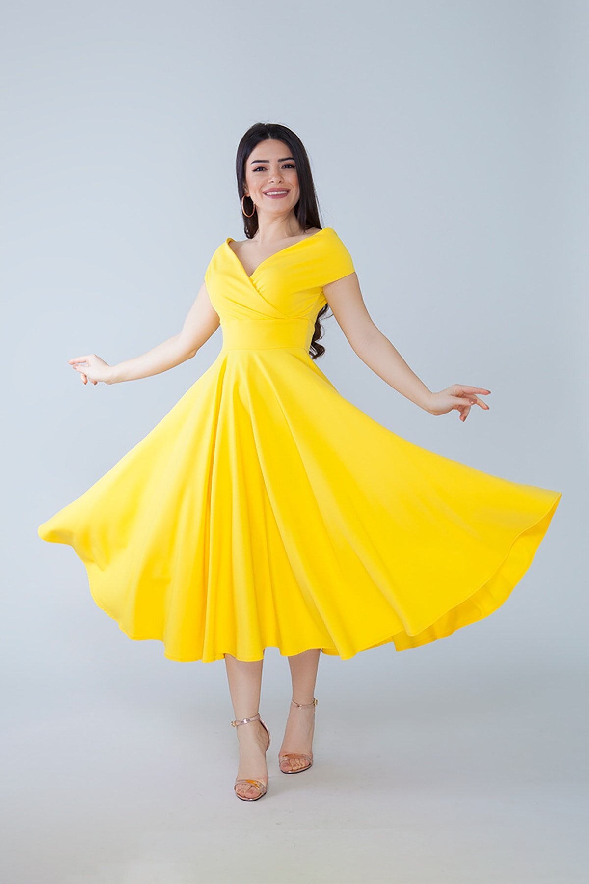 Midi Flared Draped Woven Boat Neck Evening Dress - Yellow - Bidoluelbise