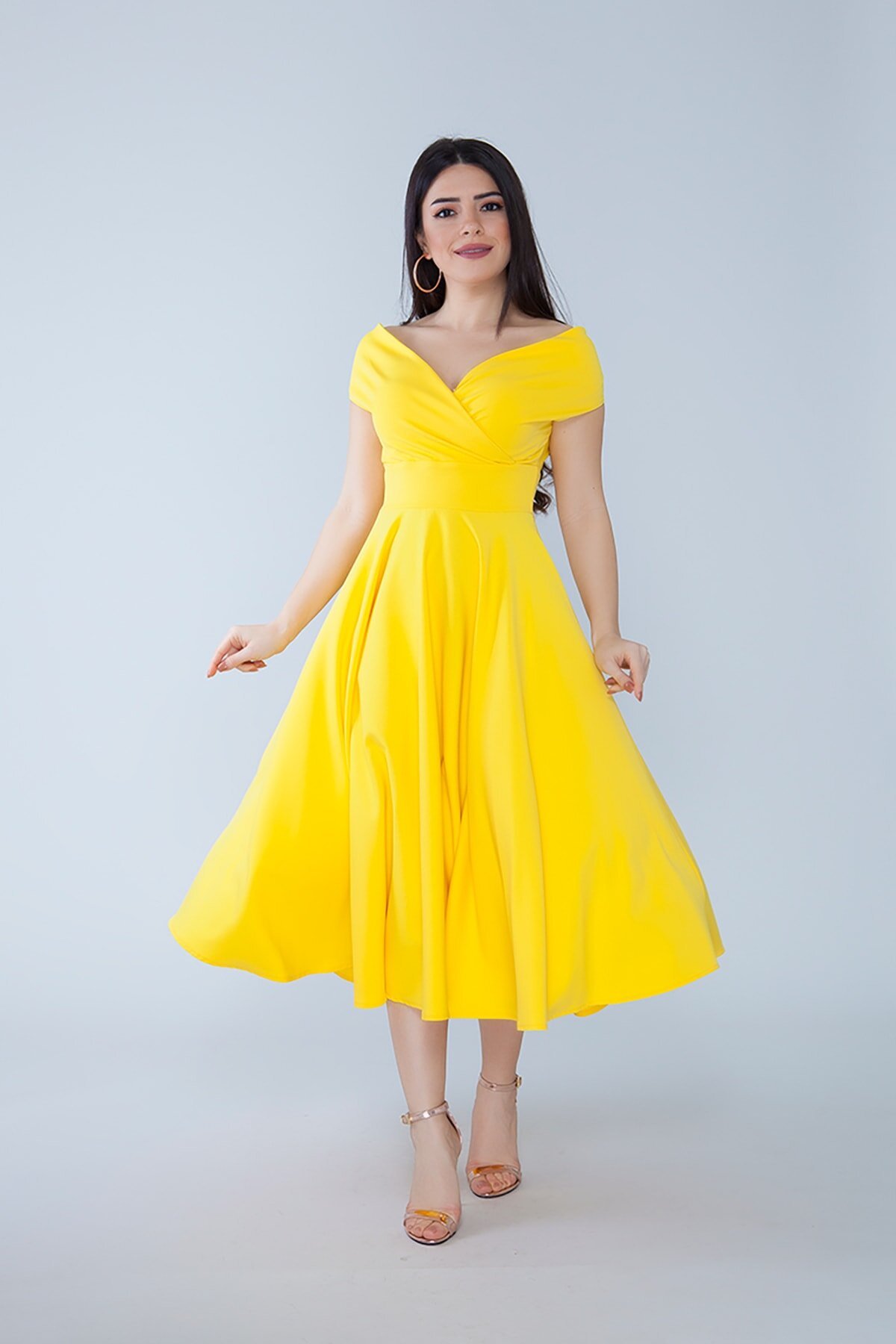 Midi Flared Draped Woven Boat Neck Evening Dress - Yellow - Bidoluelbise