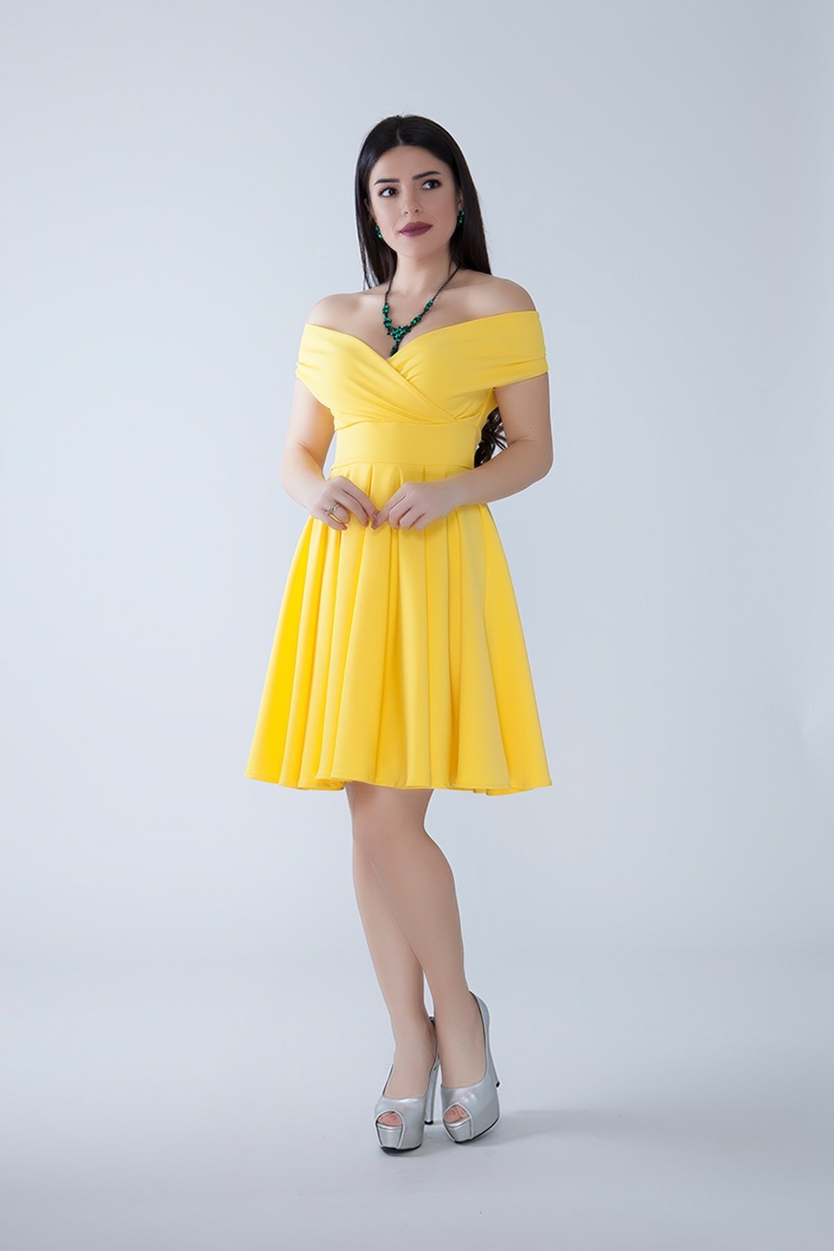 Mini Flared Pleated Boat Neck Evening Dress - Yellow - Bidoluelbise