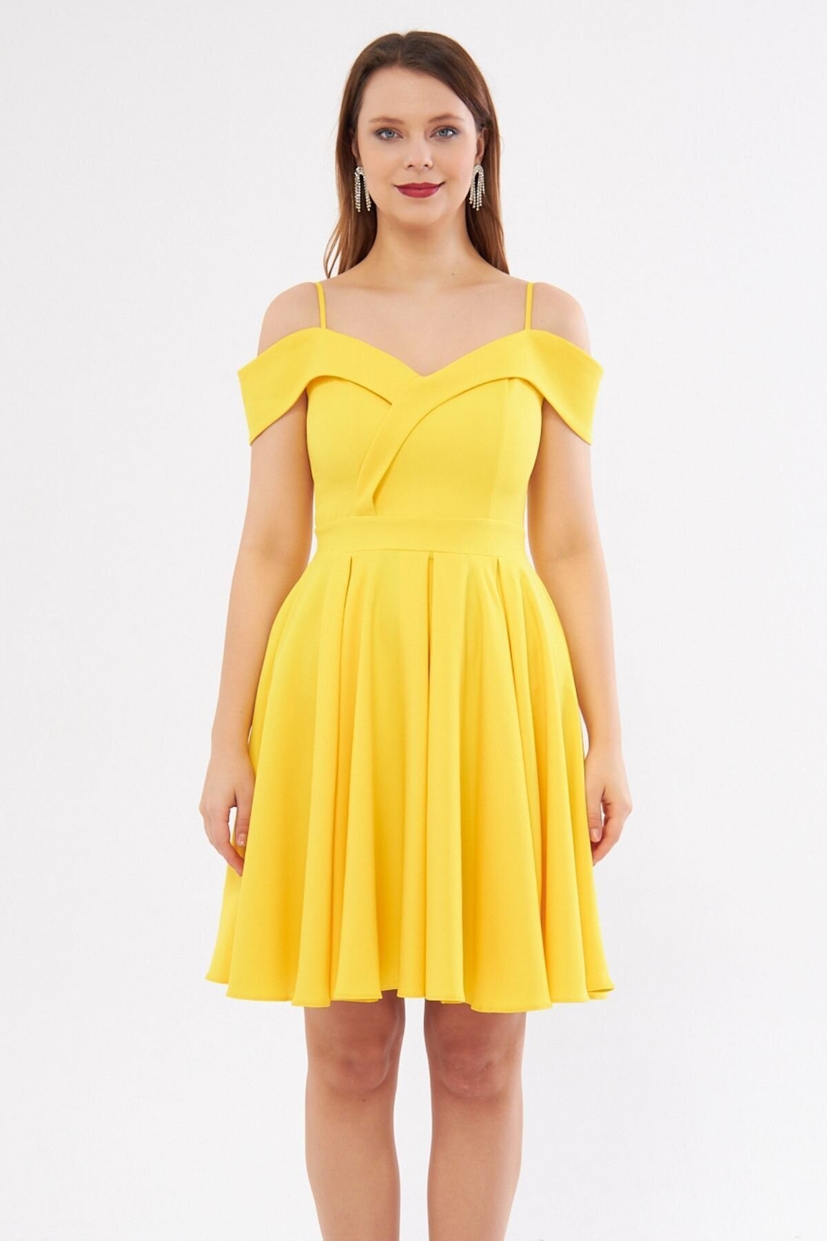 Mini Flared Pleated Strappy Boat-Neck Evening Dress - Yellow - Bidoluelbise