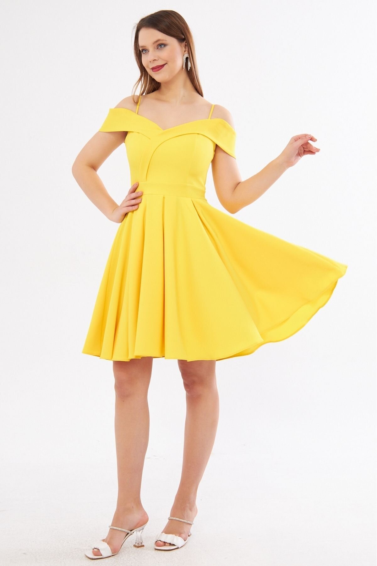 Mini Flared Pleated Strappy Boat-Neck Evening Dress - Yellow - Bidoluelbise