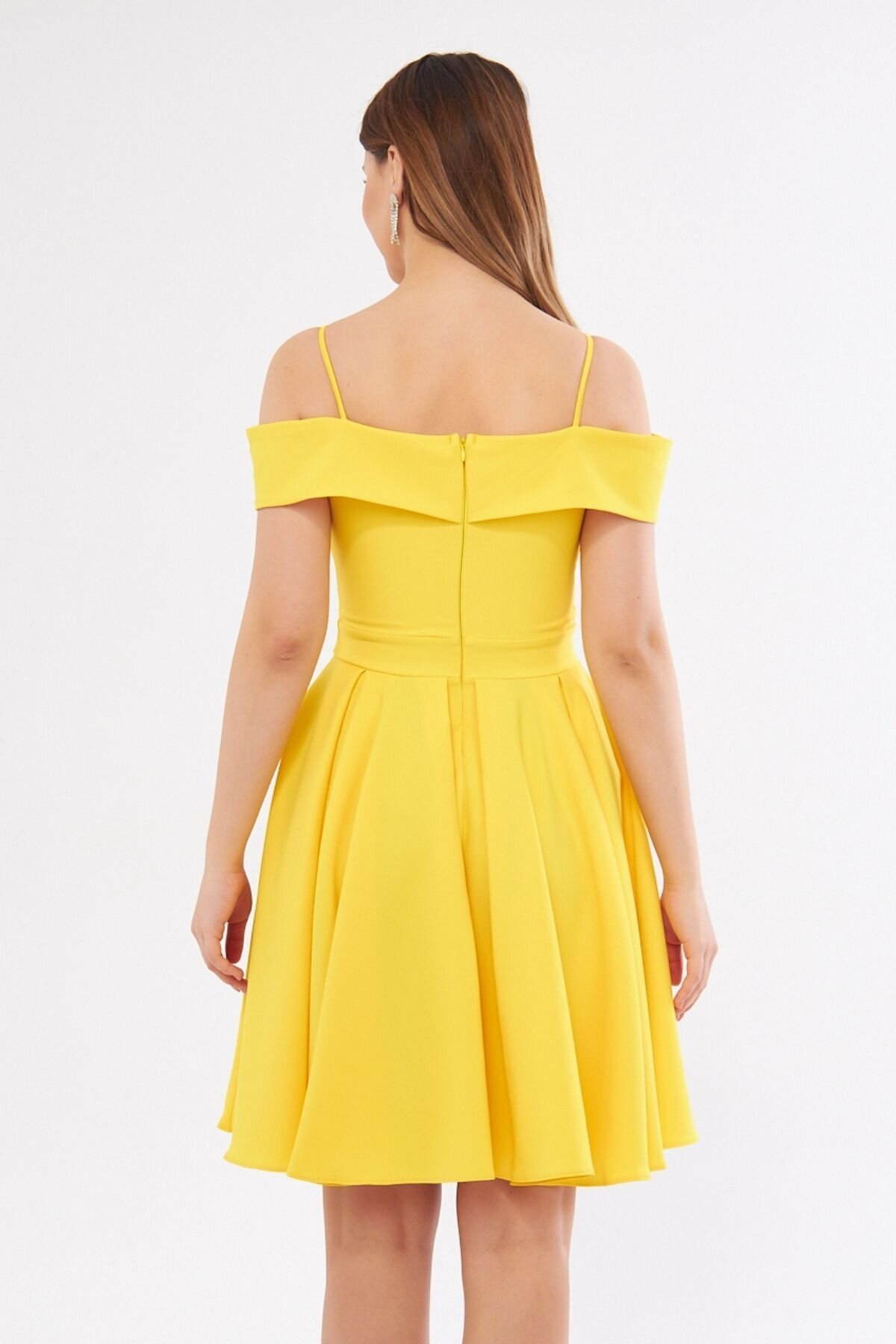Mini Flared Pleated Strappy Boat-Neck Evening Dress - Yellow - Bidoluelbise