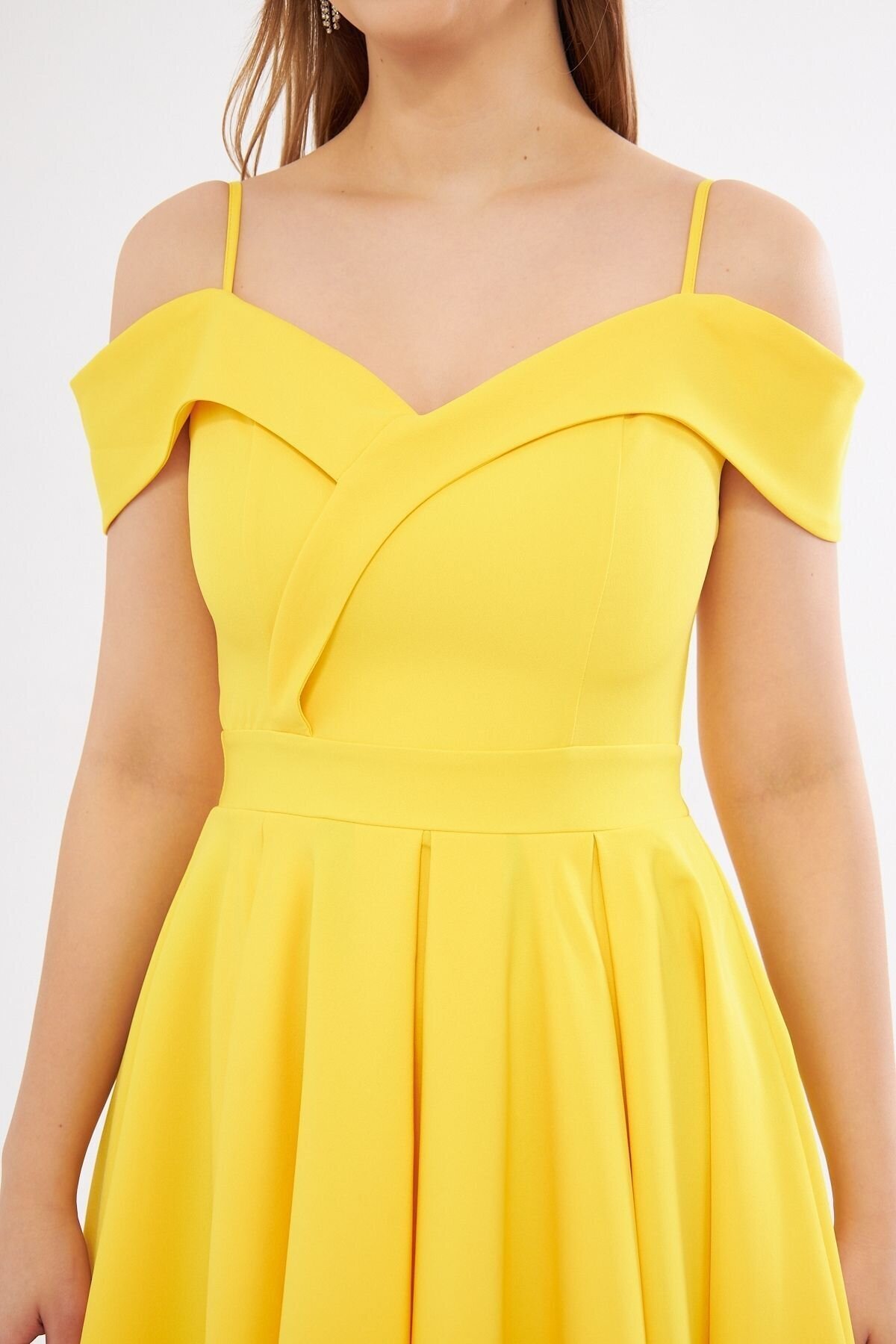 Mini Flared Pleated Strappy Boat-Neck Evening Dress - Yellow - Bidoluelbise