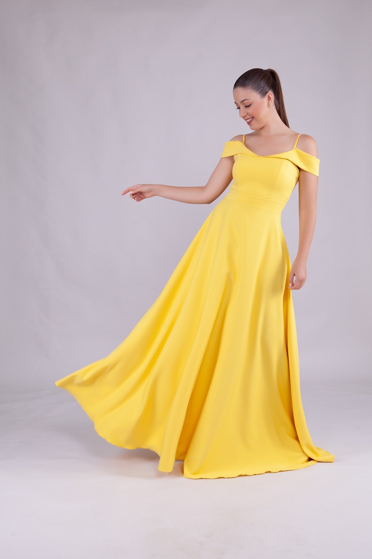 Long Strapless Strapped Shoulder-Detail Evening Dress - Yellow - Bidoluelbise