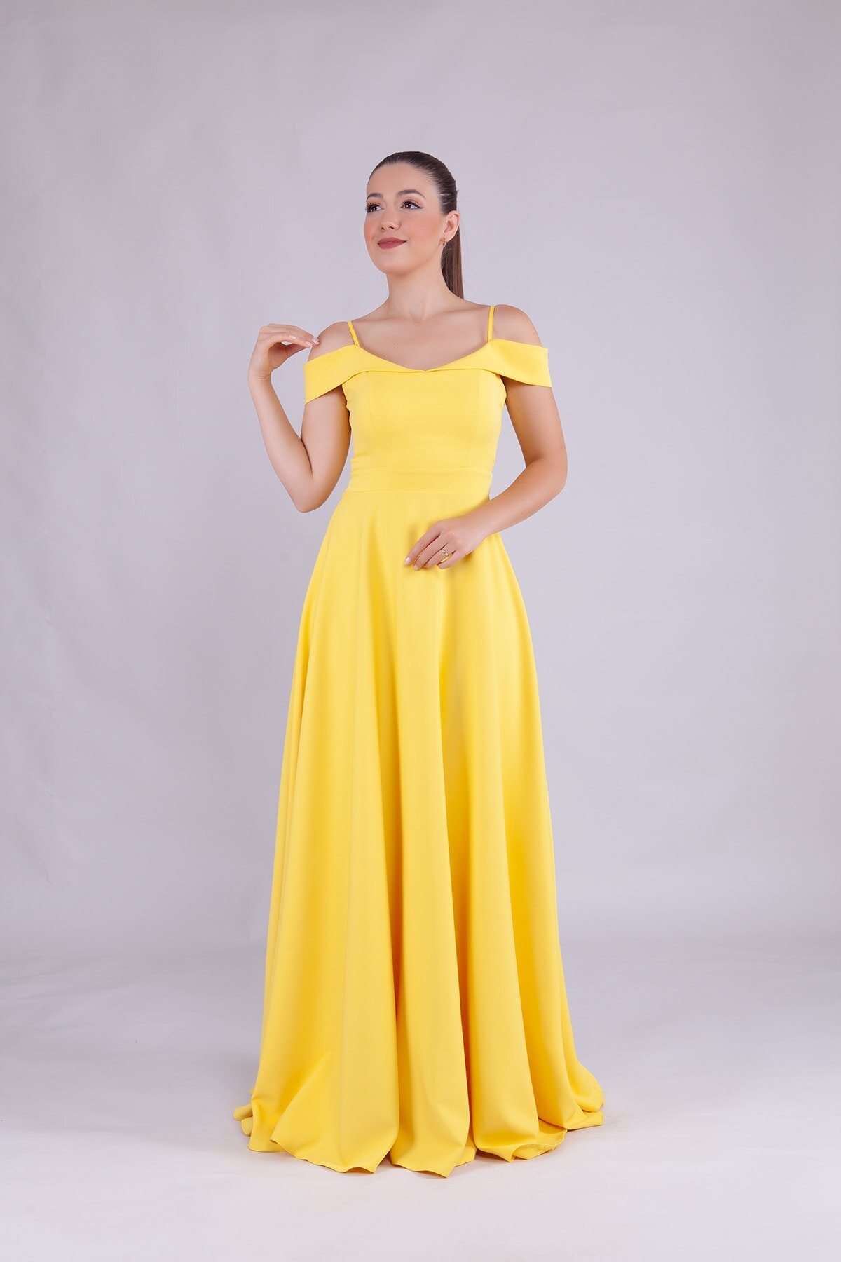Long Strapless Strapped Shoulder-Detail Evening Dress - Yellow - Bidoluelbise