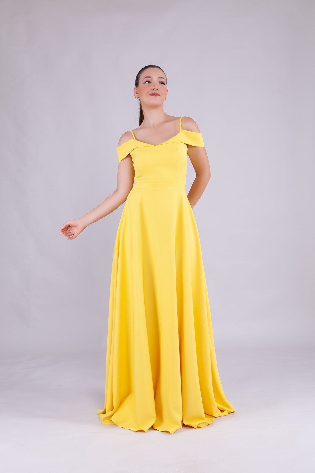 Long Strapless Strapped Shoulder-Detail Evening Dress - Yellow - Bidoluelbise