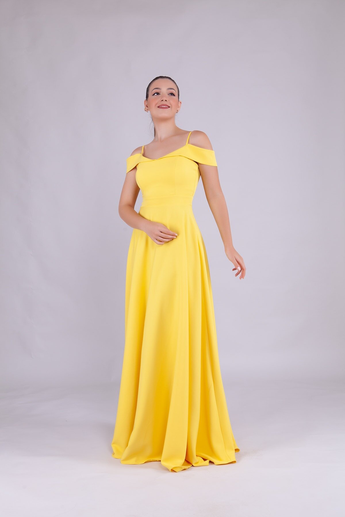 Long Strapless Strapped Shoulder-Detail Evening Dress - Yellow - Bidoluelbise