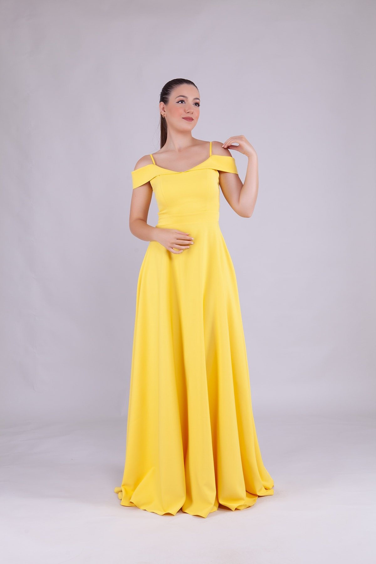 Long Strapless Strapped Shoulder-Detail Evening Dress - Yellow - Bidoluelbise