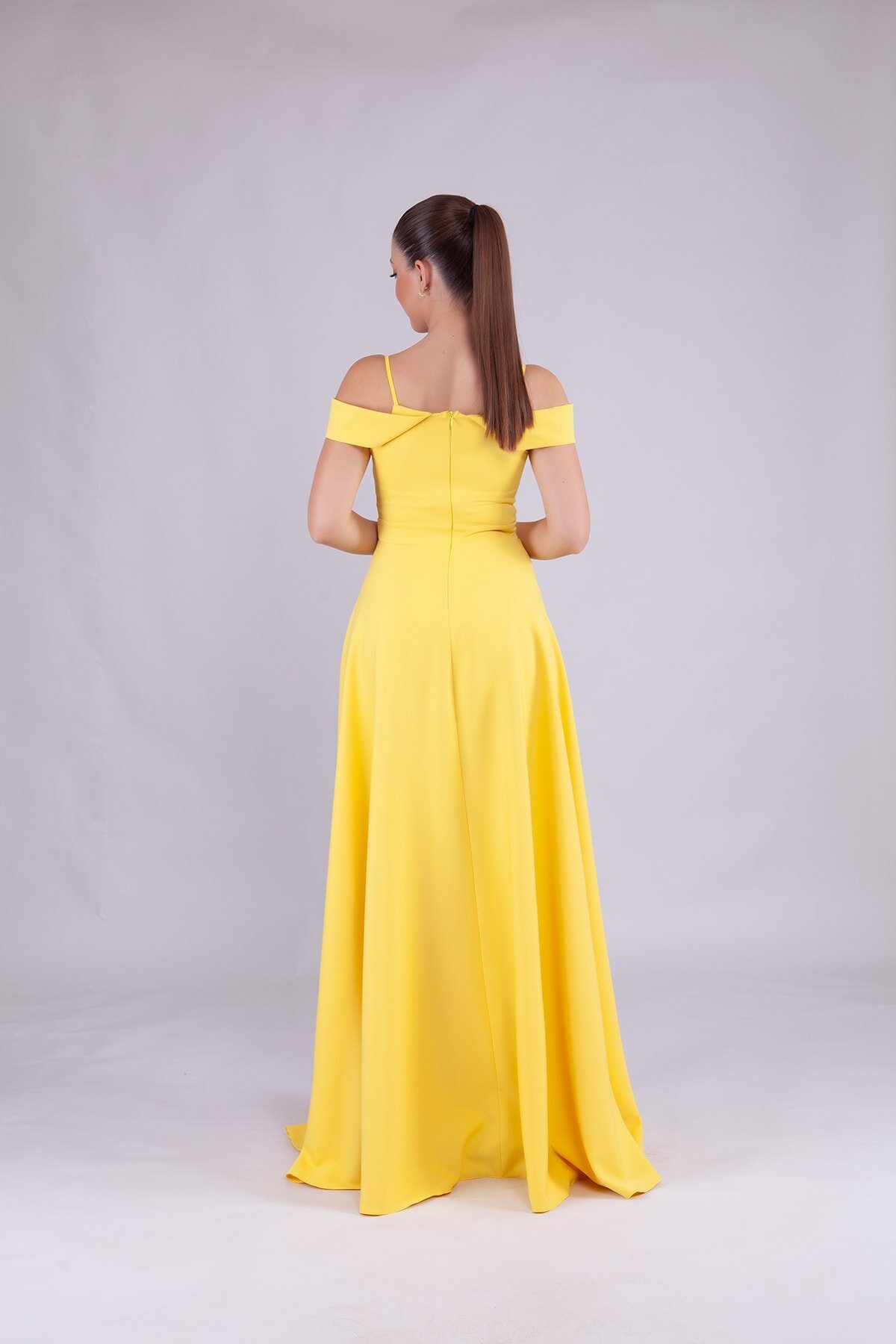 Long Strapless Strapped Shoulder-Detail Evening Dress - Yellow - Bidoluelbise