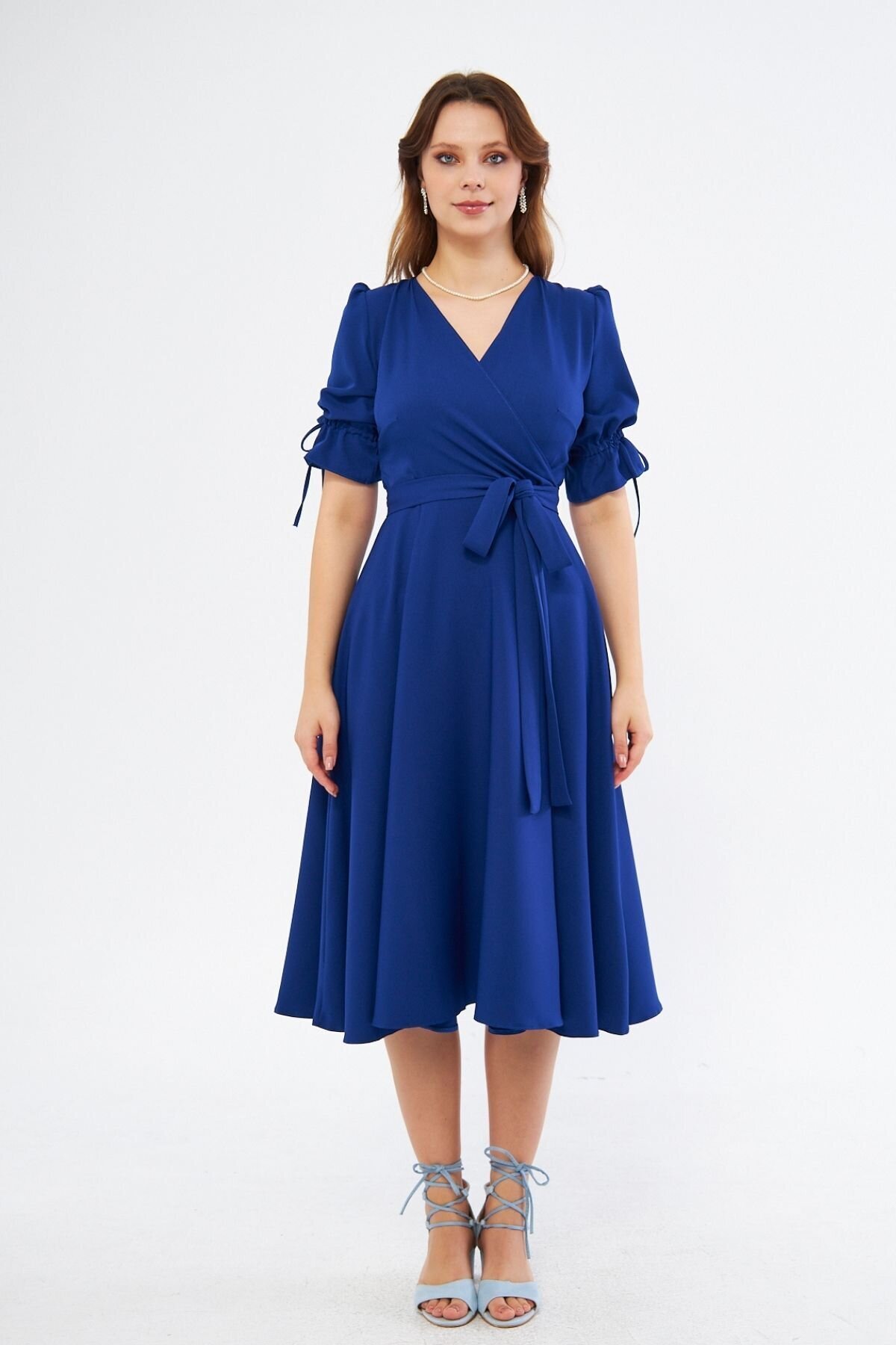 Midi Short Sleeve Ruched Wrap Neck Belted Dress - Sax Blue - Bidoluelbise