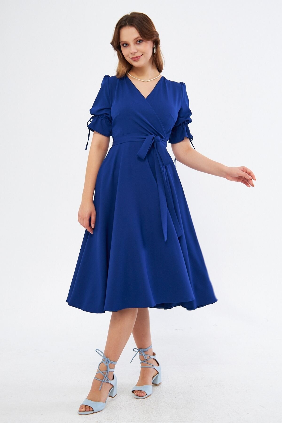 Midi Short Sleeve Ruched Wrap Neck Belted Dress - Sax Blue - Bidoluelbise
